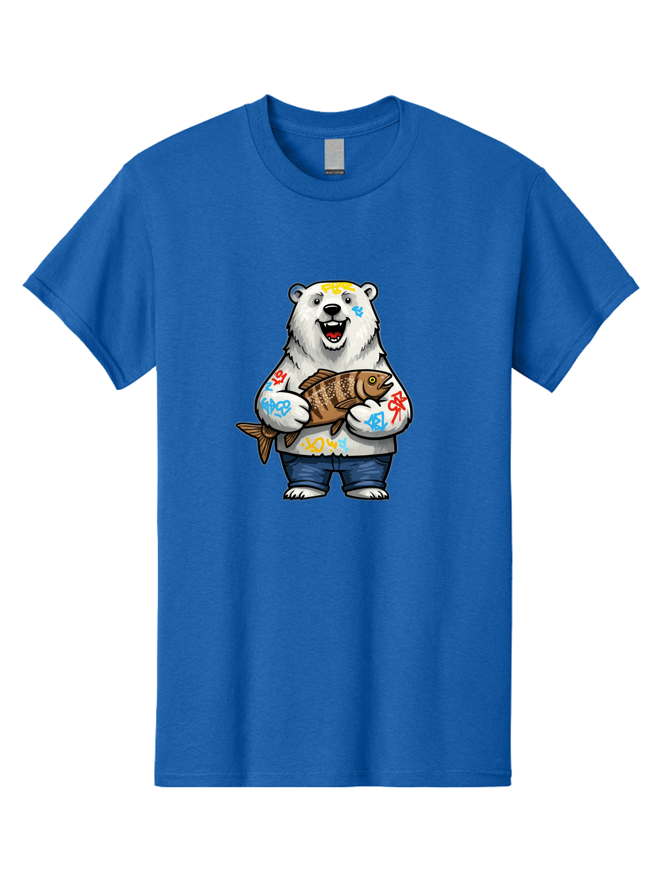 Polar-Bear-1 Men'S Graphic Tee, 100% Cotton, Comfortable Casual Summer Wear, Machine Washable, Polar Bear Holding Fish, Cartoon Character, Graffiti Art, Streetwear Style, Urban Wildlife, Cool Bear, Fish In Hands, Funny Bear, Kawaii Art, Bae638