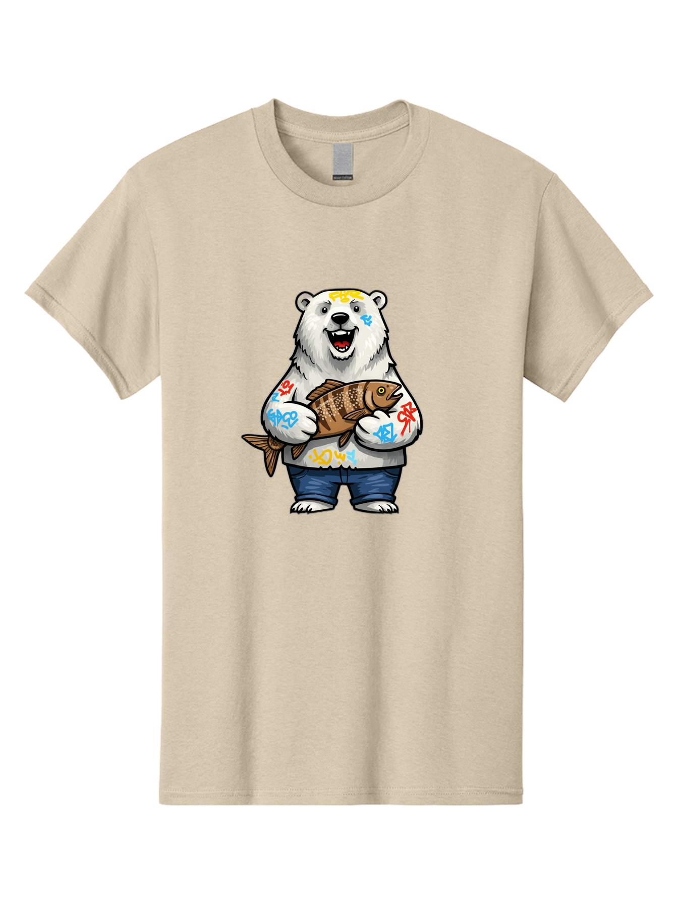 Polar-Bear-1 Men'S Graphic Tee, 100% Cotton, Comfortable Casual Summer Wear, Machine Washable, Polar Bear Holding Fish, Cartoon Character, Graffiti Art, Streetwear Style, Urban Wildlife, Cool Bear, Fish In Hands, Funny Bear, Kawaii Art, Bae638