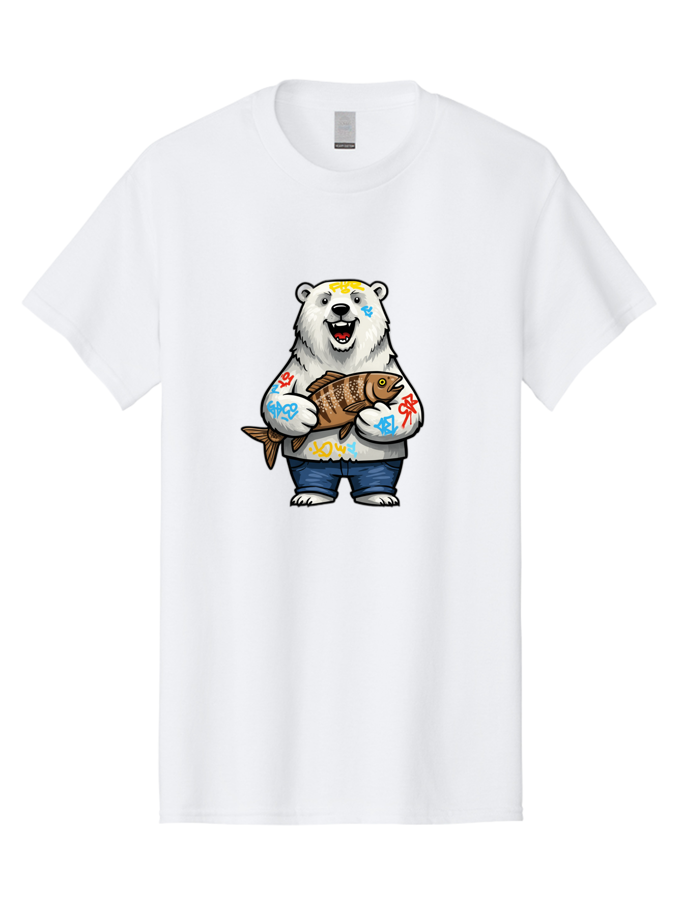 Polar-Bear-1 Men'S Graphic Tee, 100% Cotton, Comfortable Casual Summer Wear, Machine Washable, Polar Bear Holding Fish, Cartoon Character, Graffiti Art, Streetwear Style, Urban Wildlife, Cool Bear, Fish In Hands, Funny Bear, Kawaii Art, Bae638