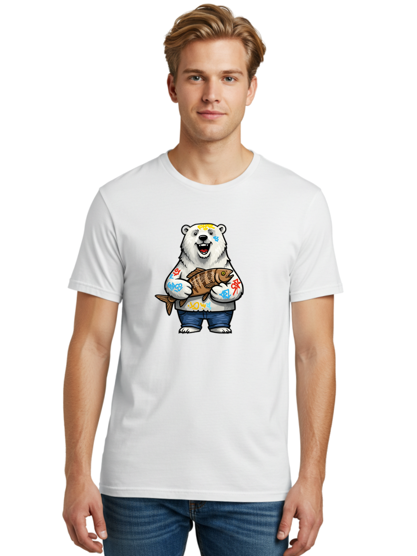 Polar-Bear-1 Men'S Graphic Tee, 100% Cotton, Comfortable Casual Summer Wear, Machine Washable, Polar Bear Holding Fish, Cartoon Character, Graffiti Art, Streetwear Style, Urban Wildlife, Cool Bear, Fish In Hands, Funny Bear, Kawaii Art, Bae638
