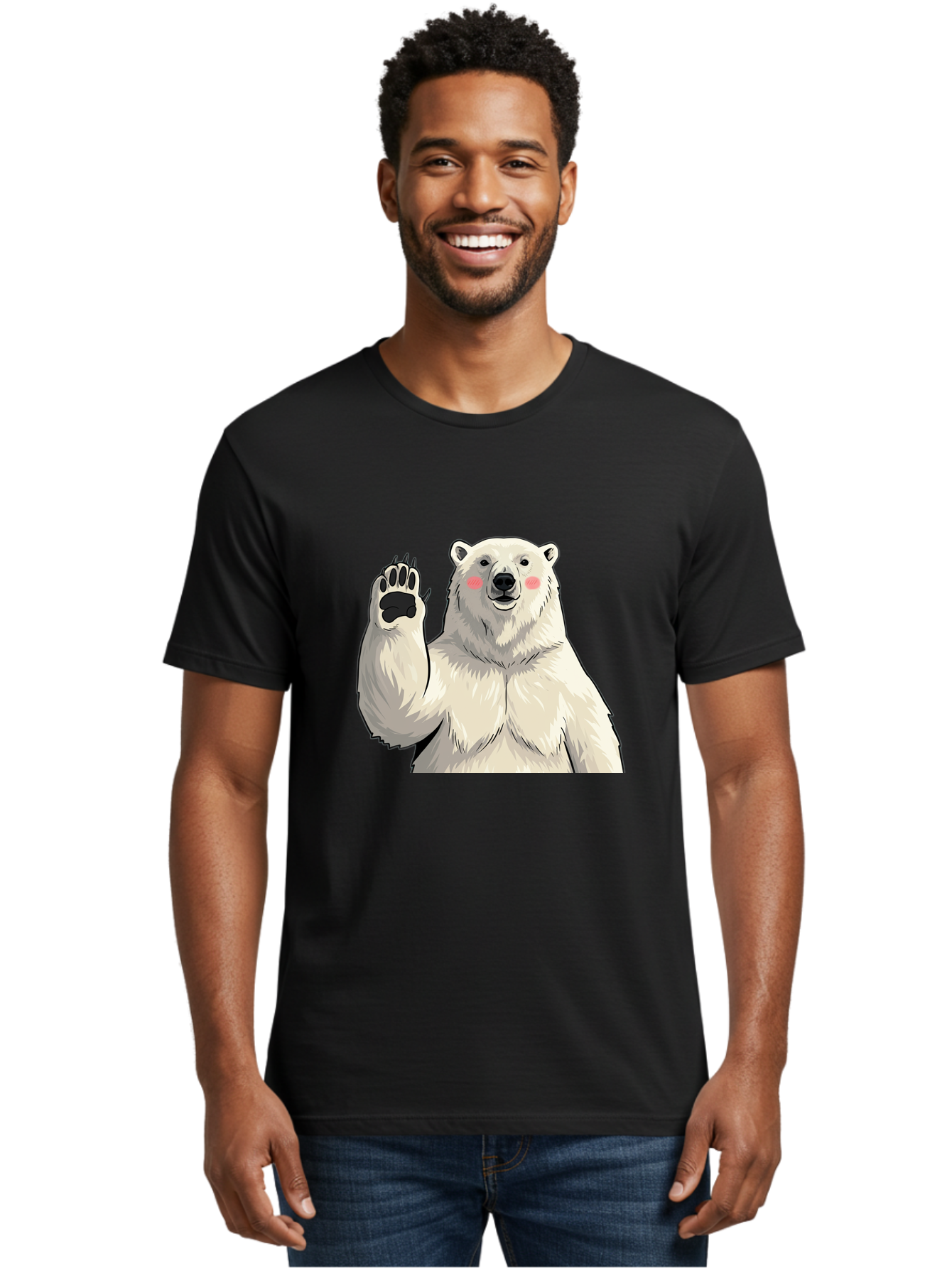 Polar-Bear-4 Men'S Graphic Tee, 100% Cotton, Comfortable Casual Summer Wear, Machine Washable, Cute Polar Bear, Waving Paw, Friendly Gesture, Adorable Cartoon, Pink Blush Cheeks, White Fur, Black Nose, Cartoon Character, Kawaii Design Bae641