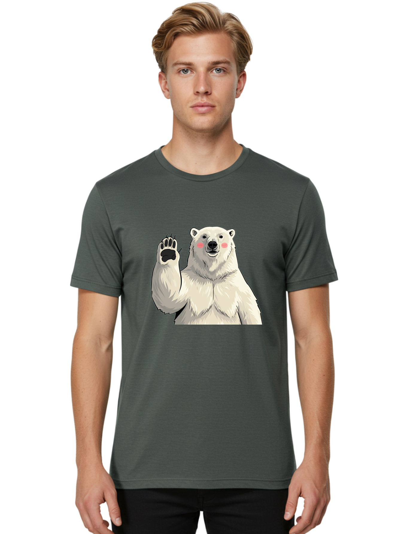 Polar-Bear-4 Men'S Graphic Tee, 100% Cotton, Comfortable Casual Summer Wear, Machine Washable, Cute Polar Bear, Waving Paw, Friendly Gesture, Adorable Cartoon, Pink Blush Cheeks, White Fur, Black Nose, Cartoon Character, Kawaii Design Bae641