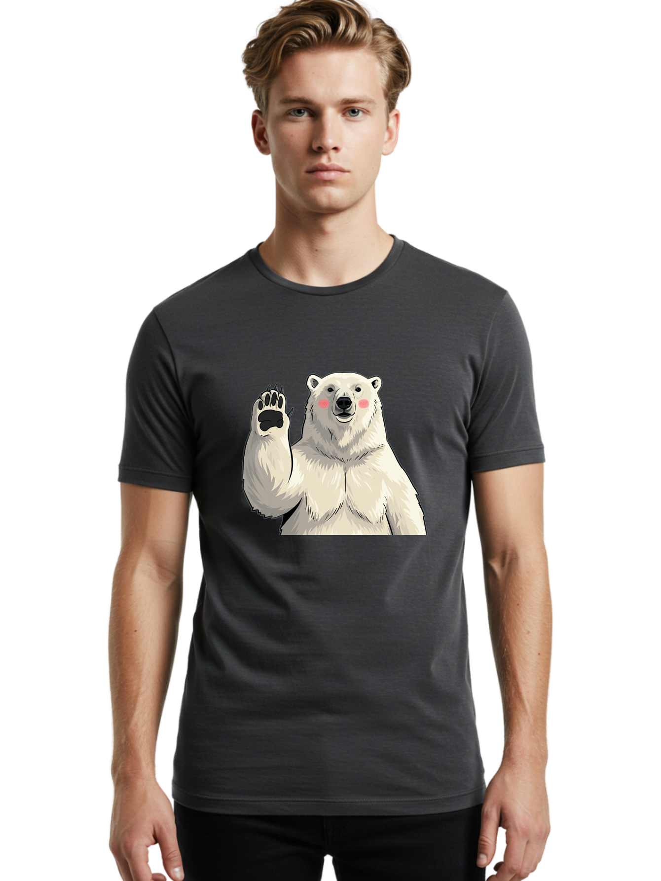 Polar-Bear-4 Men'S Graphic Tee, 100% Cotton, Comfortable Casual Summer Wear, Machine Washable, Cute Polar Bear, Waving Paw, Friendly Gesture, Adorable Cartoon, Pink Blush Cheeks, White Fur, Black Nose, Cartoon Character, Kawaii Design Bae641