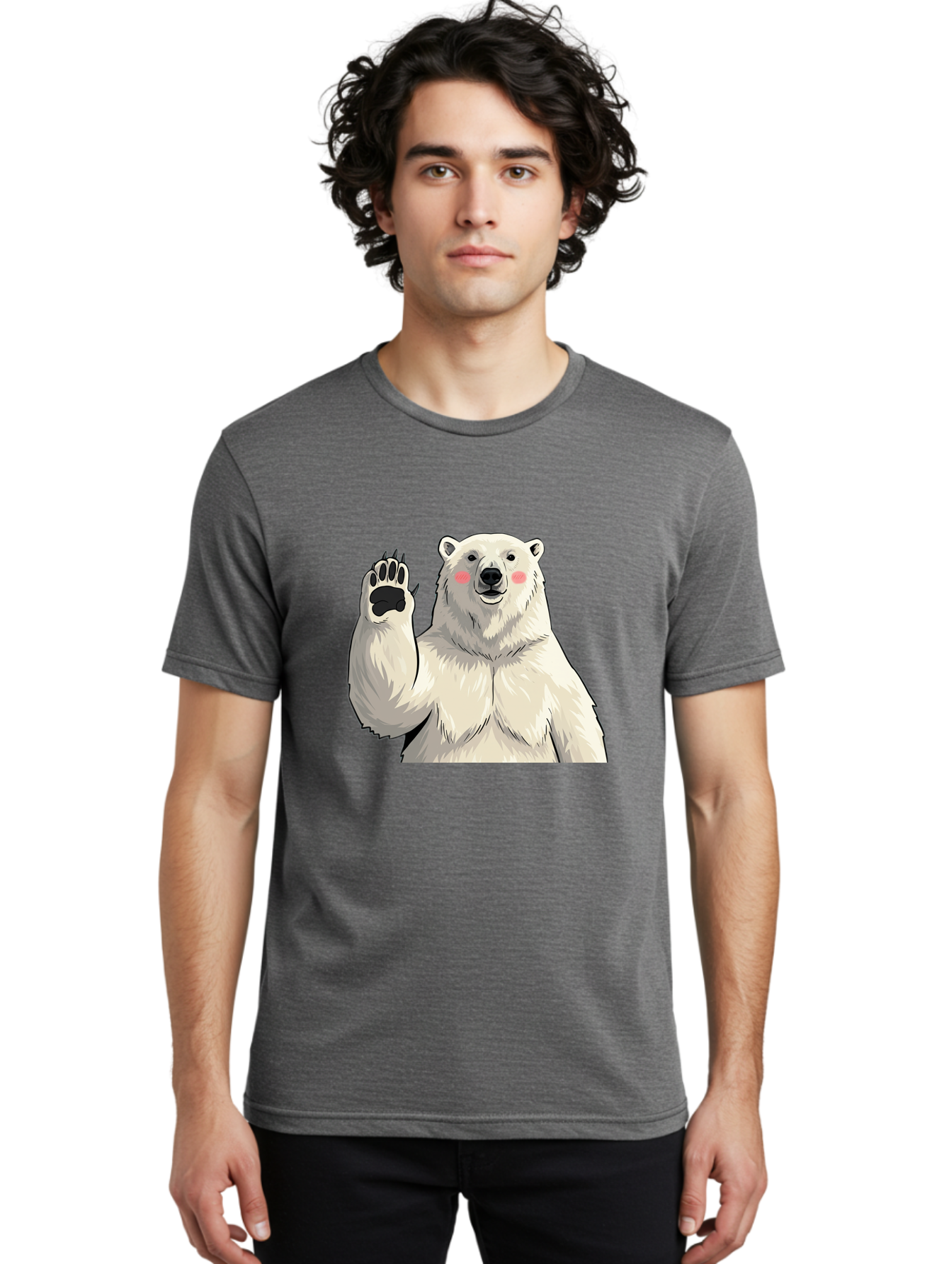 Polar-Bear-4 Men'S Graphic Tee, 100% Cotton, Comfortable Casual Summer Wear, Machine Washable, Cute Polar Bear, Waving Paw, Friendly Gesture, Adorable Cartoon, Pink Blush Cheeks, White Fur, Black Nose, Cartoon Character, Kawaii Design Bae641
