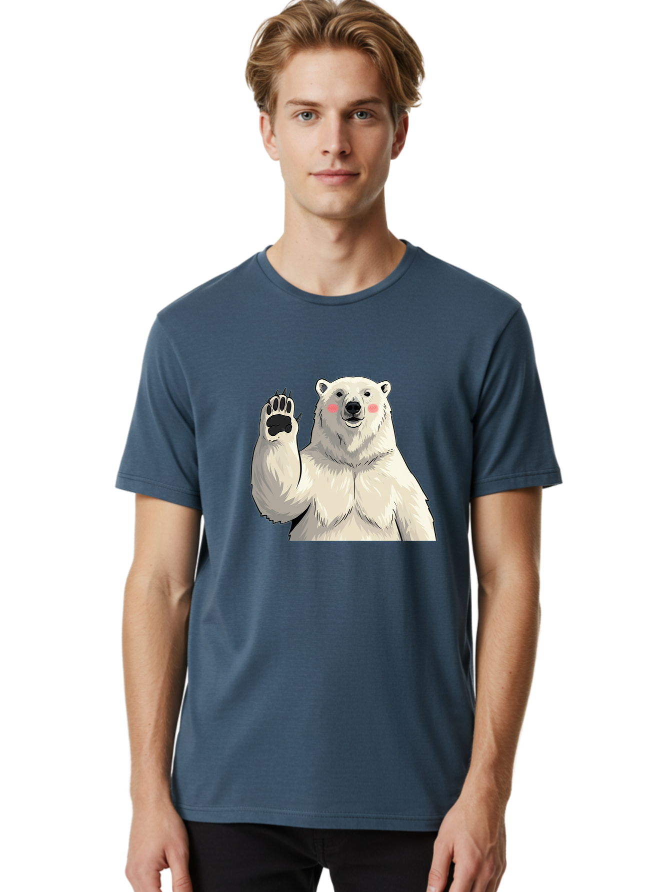 Polar-Bear-4 Men'S Graphic Tee, 100% Cotton, Comfortable Casual Summer Wear, Machine Washable, Cute Polar Bear, Waving Paw, Friendly Gesture, Adorable Cartoon, Pink Blush Cheeks, White Fur, Black Nose, Cartoon Character, Kawaii Design Bae641
