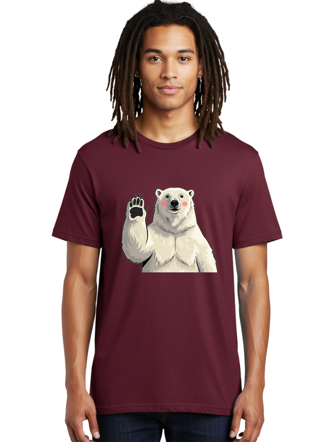 Polar-Bear-4 Men'S Graphic Tee, 100% Cotton, Comfortable Casual Summer Wear, Machine Washable, Cute Polar Bear, Waving Paw, Friendly Gesture, Adorable Cartoon, Pink Blush Cheeks, White Fur, Black Nose, Cartoon Character, Kawaii Design Bae641
