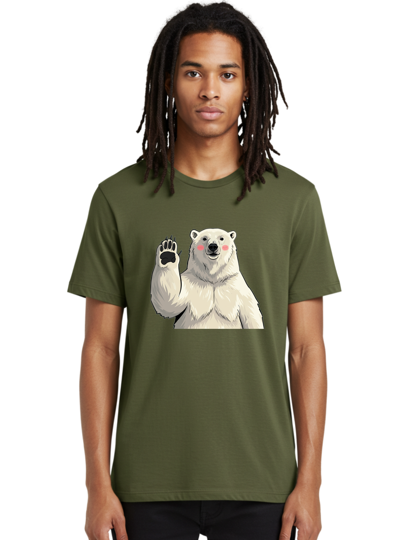 Polar-Bear-4 Men'S Graphic Tee, 100% Cotton, Comfortable Casual Summer Wear, Machine Washable, Cute Polar Bear, Waving Paw, Friendly Gesture, Adorable Cartoon, Pink Blush Cheeks, White Fur, Black Nose, Cartoon Character, Kawaii Design Bae641