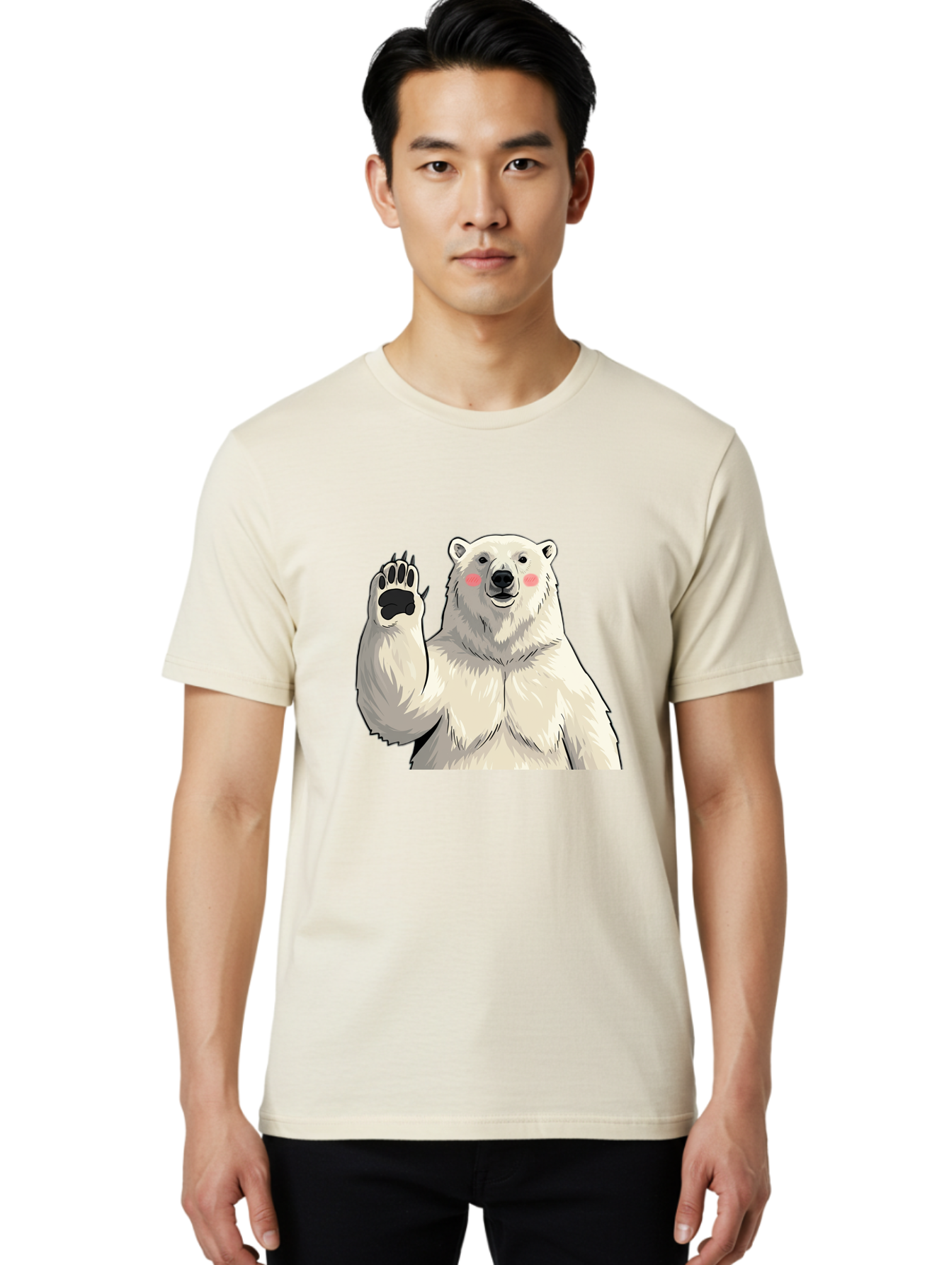Polar-Bear-4 Men'S Graphic Tee, 100% Cotton, Comfortable Casual Summer Wear, Machine Washable, Cute Polar Bear, Waving Paw, Friendly Gesture, Adorable Cartoon, Pink Blush Cheeks, White Fur, Black Nose, Cartoon Character, Kawaii Design Bae641
