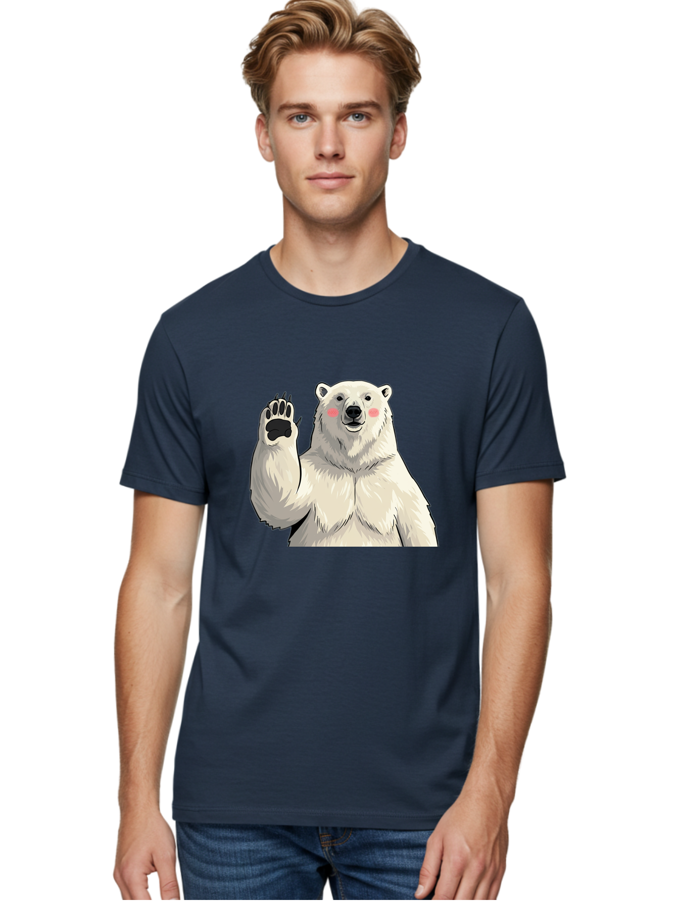 Polar-Bear-4 Men'S Graphic Tee, 100% Cotton, Comfortable Casual Summer Wear, Machine Washable, Cute Polar Bear, Waving Paw, Friendly Gesture, Adorable Cartoon, Pink Blush Cheeks, White Fur, Black Nose, Cartoon Character, Kawaii Design Bae641