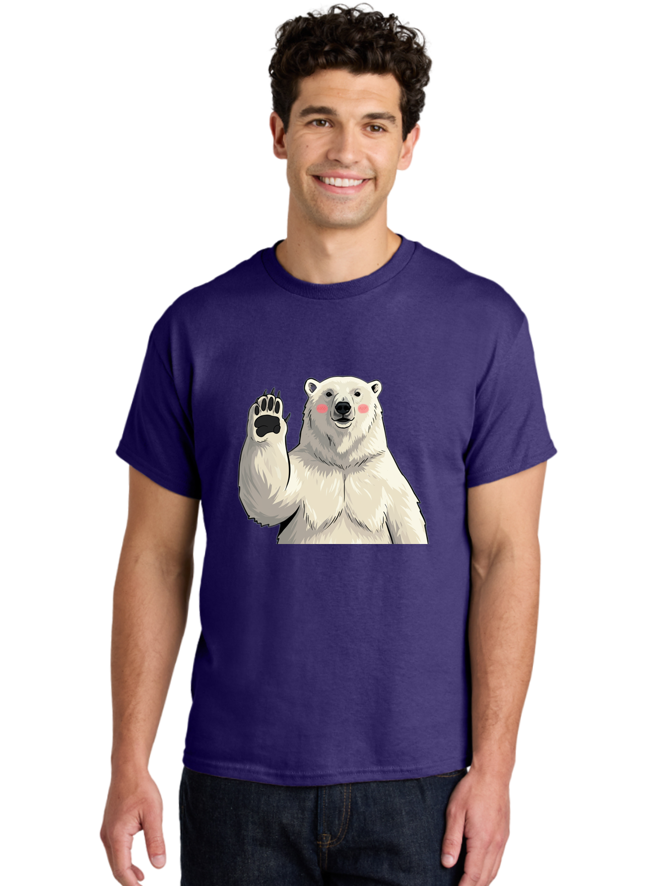 Polar-Bear-4 Men'S Graphic Tee, 100% Cotton, Comfortable Casual Summer Wear, Machine Washable, Cute Polar Bear, Waving Paw, Friendly Gesture, Adorable Cartoon, Pink Blush Cheeks, White Fur, Black Nose, Cartoon Character, Kawaii Design Bae641