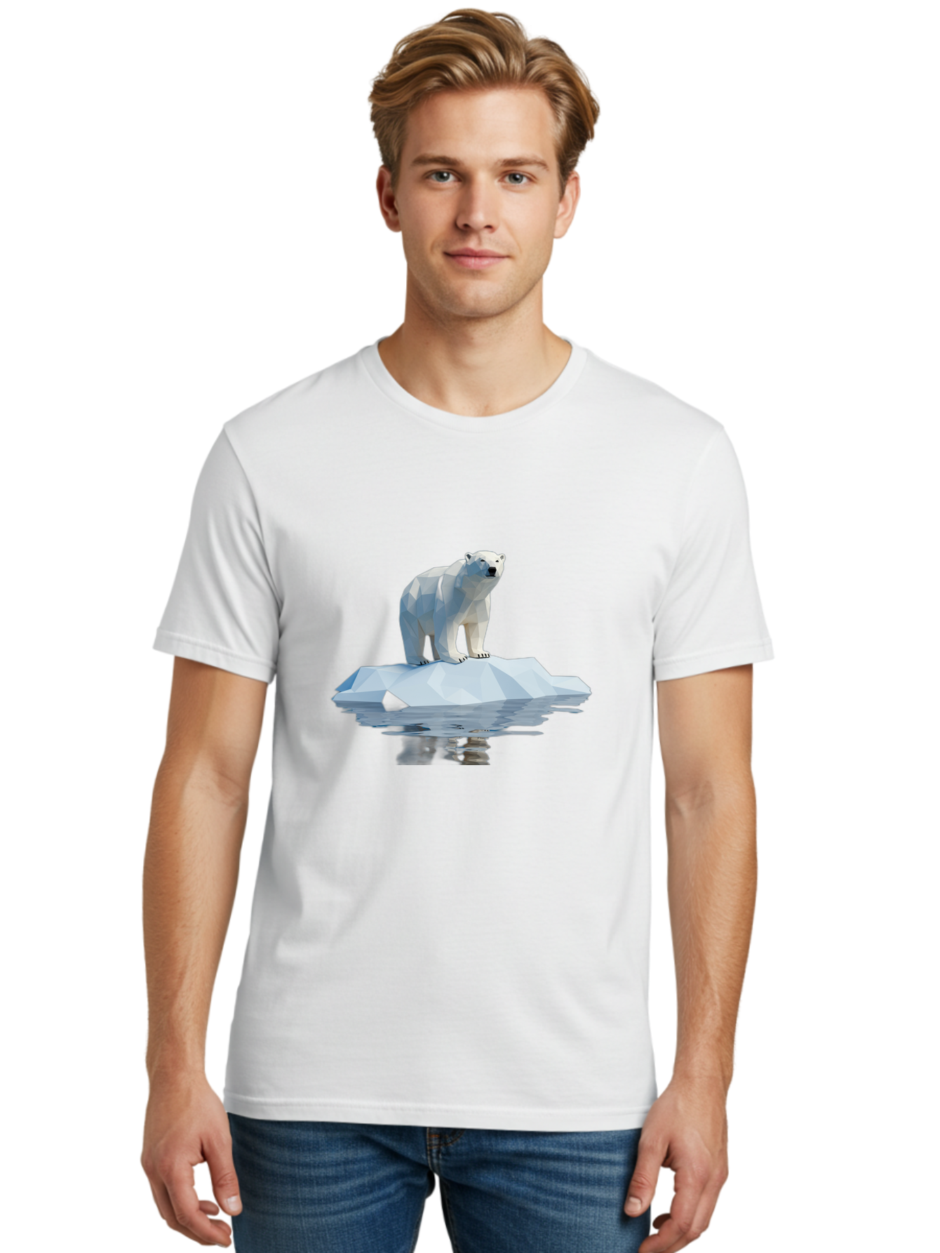 Polar-Bear-5 Men'S Graphic Tee, 100% Cotton, Comfortable Casual Summer Wear, Machine Washable, Low Poly Polar Bear, Iceberg In The Water, Arctic Wildlife, Digital Art, 3D Rendering, Cold Climate, Icy Landscape, Wild Animal Bae642