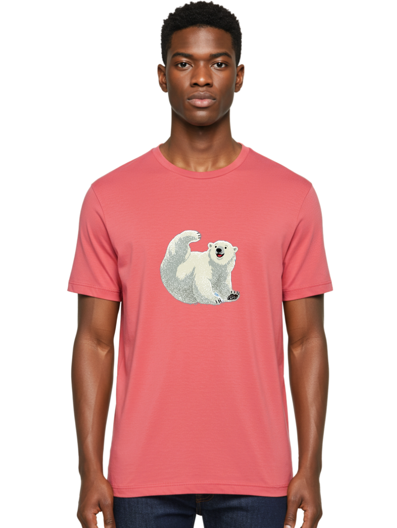 Polar-Bear-8 Men'S Graphic Tee, 100% Cotton, Comfortable Casual Summer Wear, Machine Washable, Polar Bear, Cartoon Polar Bear, White Bear, Playful Bear, Happy Bear, Bear With One Paw Up, Wild Animal, Cute Bear, Bear Illustration Bae645