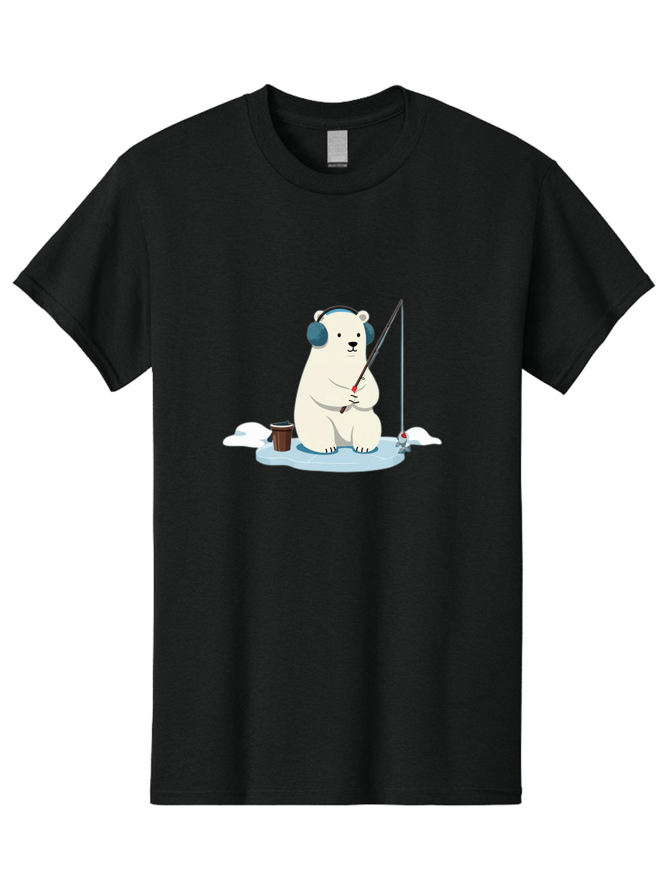 Polar-Bear-Fishing Men'S Graphic Tee, 100% Cotton, Comfortable Casual Summer Wear, Machine Washable, Polar Bear With Headphones, Fishing On Ice, Ice Floe, Fishing Rod, Cartoon Character, Winter Activity, Frozen Landscape, Fishing Bucket, Bae647
