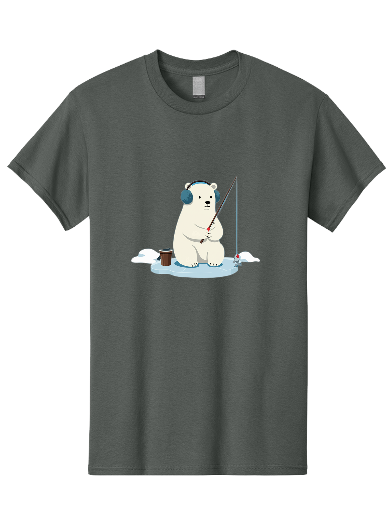 Polar-Bear-Fishing Men'S Graphic Tee, 100% Cotton, Comfortable Casual Summer Wear, Machine Washable, Polar Bear With Headphones, Fishing On Ice, Ice Floe, Fishing Rod, Cartoon Character, Winter Activity, Frozen Landscape, Fishing Bucket, Bae647
