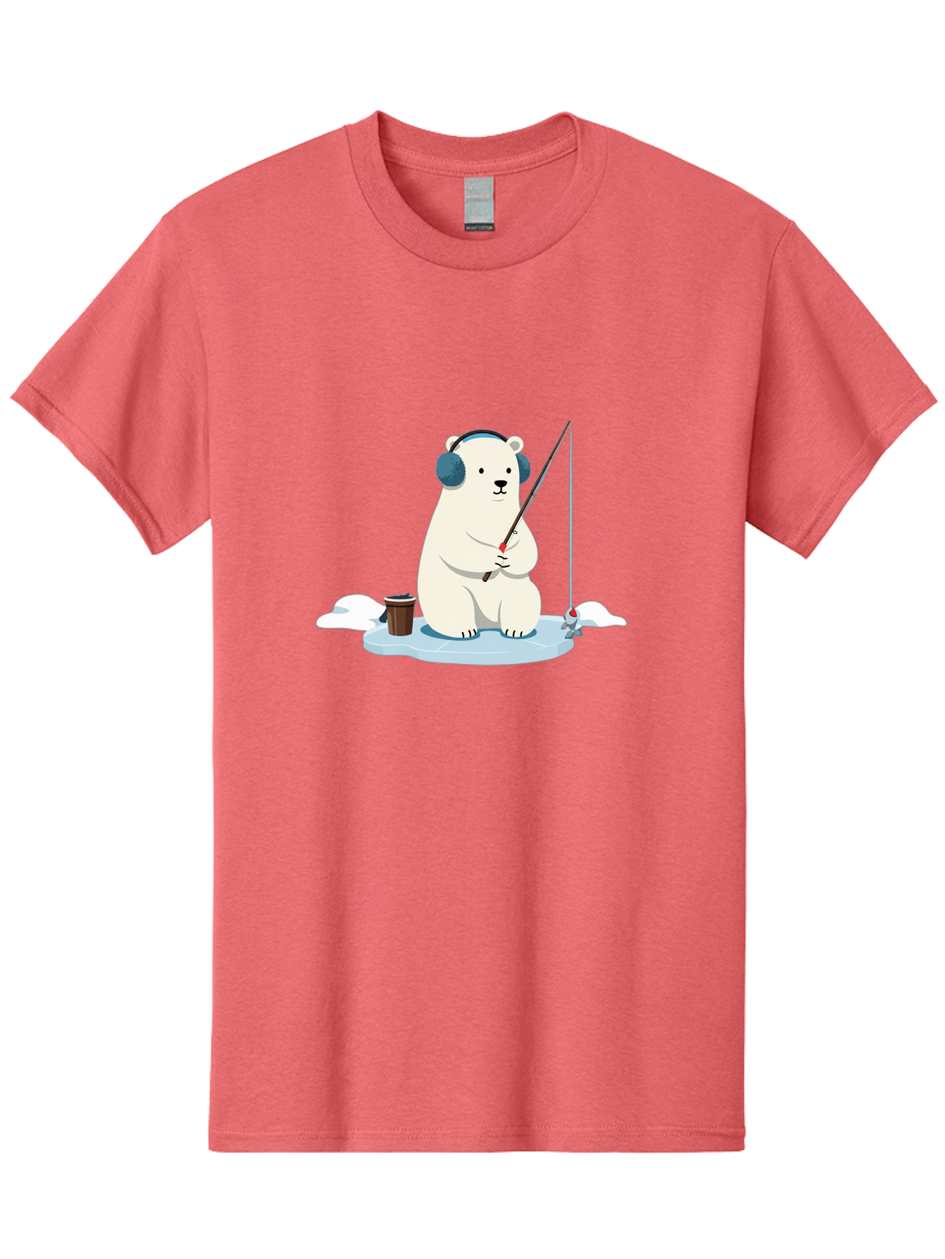 Polar-Bear-Fishing Men'S Graphic Tee, 100% Cotton, Comfortable Casual Summer Wear, Machine Washable, Polar Bear With Headphones, Fishing On Ice, Ice Floe, Fishing Rod, Cartoon Character, Winter Activity, Frozen Landscape, Fishing Bucket, Bae647