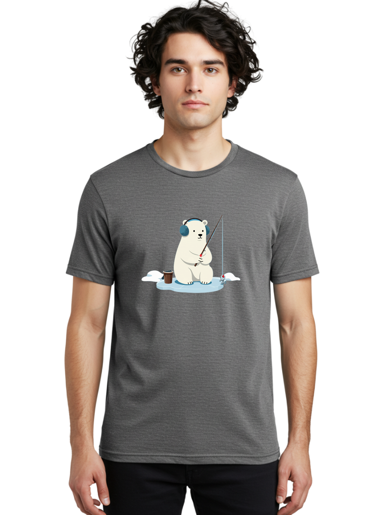 Polar-Bear-Fishing Men'S Graphic Tee, 100% Cotton, Comfortable Casual Summer Wear, Machine Washable, Polar Bear With Headphones, Fishing On Ice, Ice Floe, Fishing Rod, Cartoon Character, Winter Activity, Frozen Landscape, Fishing Bucket, Bae647