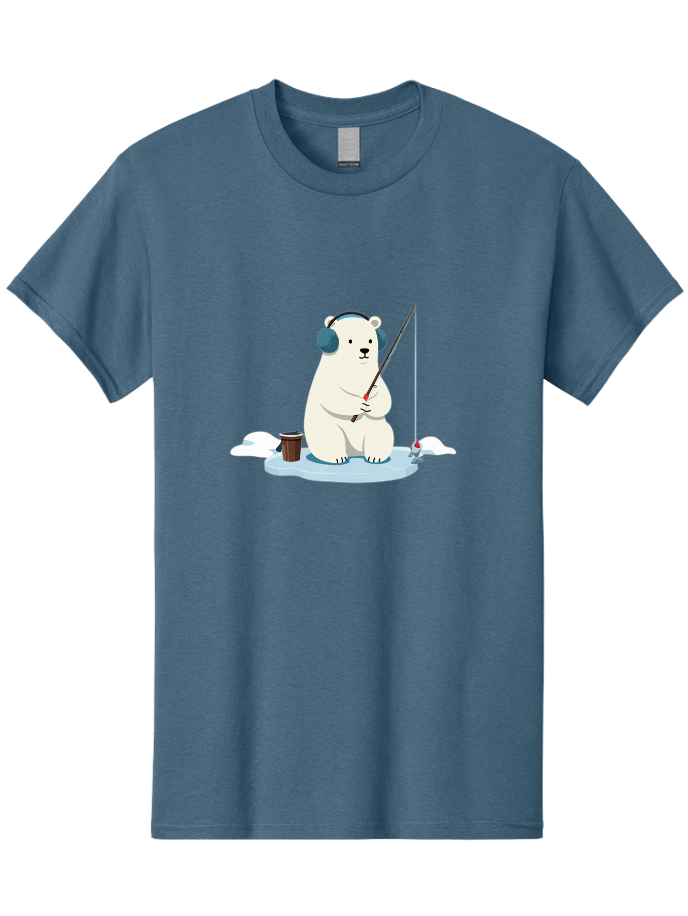 Polar-Bear-Fishing Men'S Graphic Tee, 100% Cotton, Comfortable Casual Summer Wear, Machine Washable, Polar Bear With Headphones, Fishing On Ice, Ice Floe, Fishing Rod, Cartoon Character, Winter Activity, Frozen Landscape, Fishing Bucket, Bae647