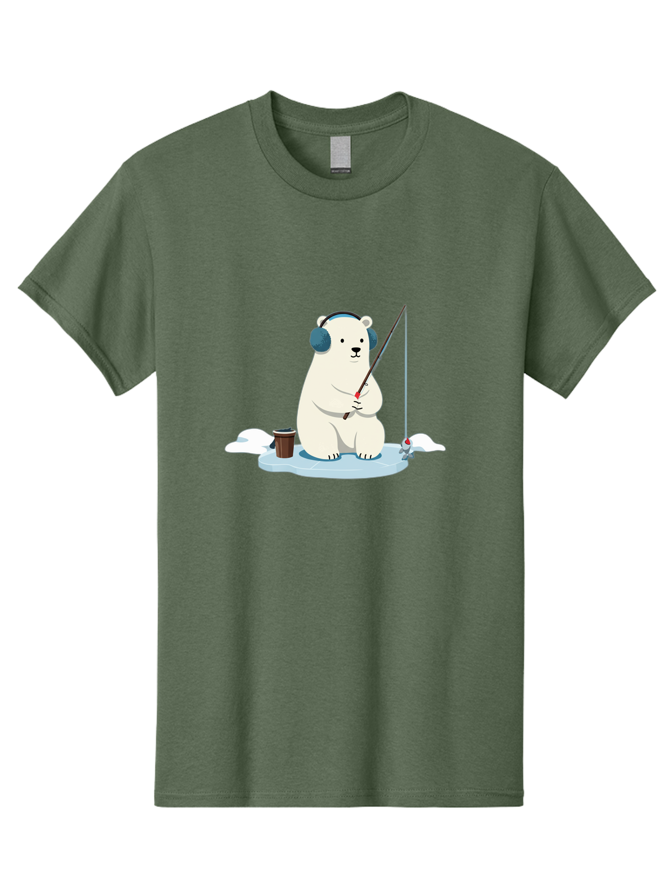 Polar-Bear-Fishing Men'S Graphic Tee, 100% Cotton, Comfortable Casual Summer Wear, Machine Washable, Polar Bear With Headphones, Fishing On Ice, Ice Floe, Fishing Rod, Cartoon Character, Winter Activity, Frozen Landscape, Fishing Bucket, Bae647