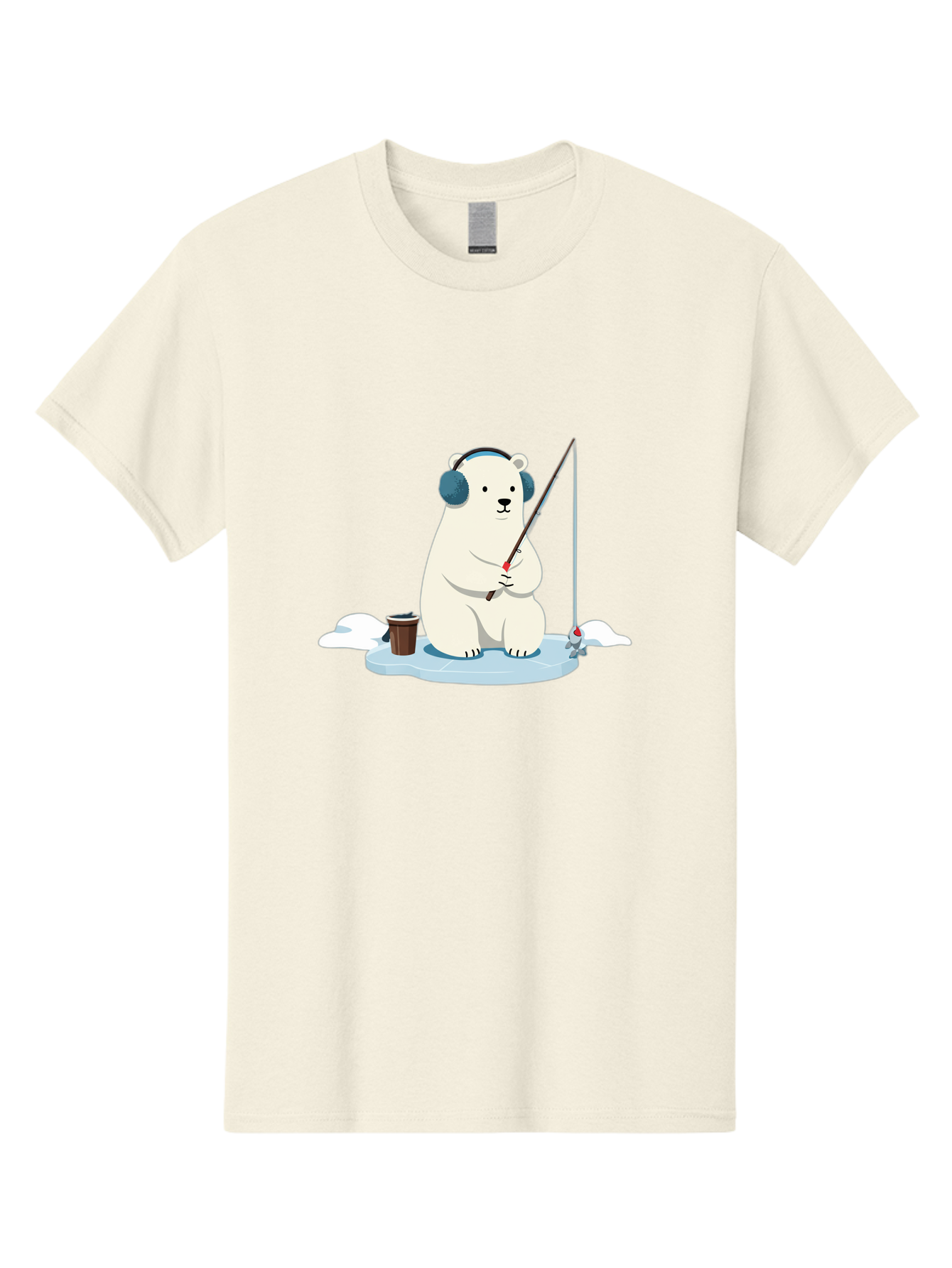 Polar-Bear-Fishing Men'S Graphic Tee, 100% Cotton, Comfortable Casual Summer Wear, Machine Washable, Polar Bear With Headphones, Fishing On Ice, Ice Floe, Fishing Rod, Cartoon Character, Winter Activity, Frozen Landscape, Fishing Bucket, Bae647