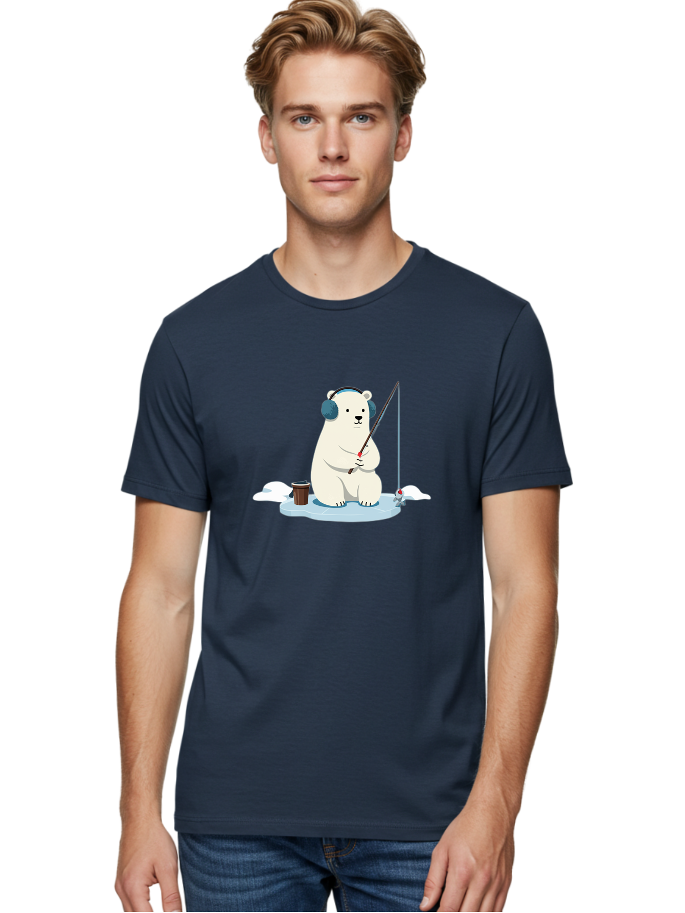 Polar-Bear-Fishing Men'S Graphic Tee, 100% Cotton, Comfortable Casual Summer Wear, Machine Washable, Polar Bear With Headphones, Fishing On Ice, Ice Floe, Fishing Rod, Cartoon Character, Winter Activity, Frozen Landscape, Fishing Bucket, Bae647