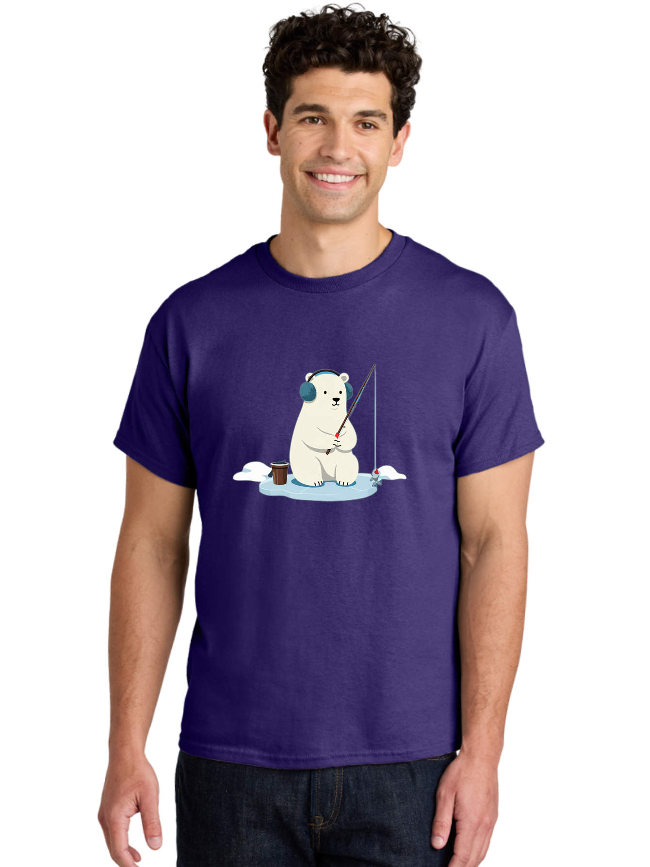Polar-Bear-Fishing Men'S Graphic Tee, 100% Cotton, Comfortable Casual Summer Wear, Machine Washable, Polar Bear With Headphones, Fishing On Ice, Ice Floe, Fishing Rod, Cartoon Character, Winter Activity, Frozen Landscape, Fishing Bucket, Bae647