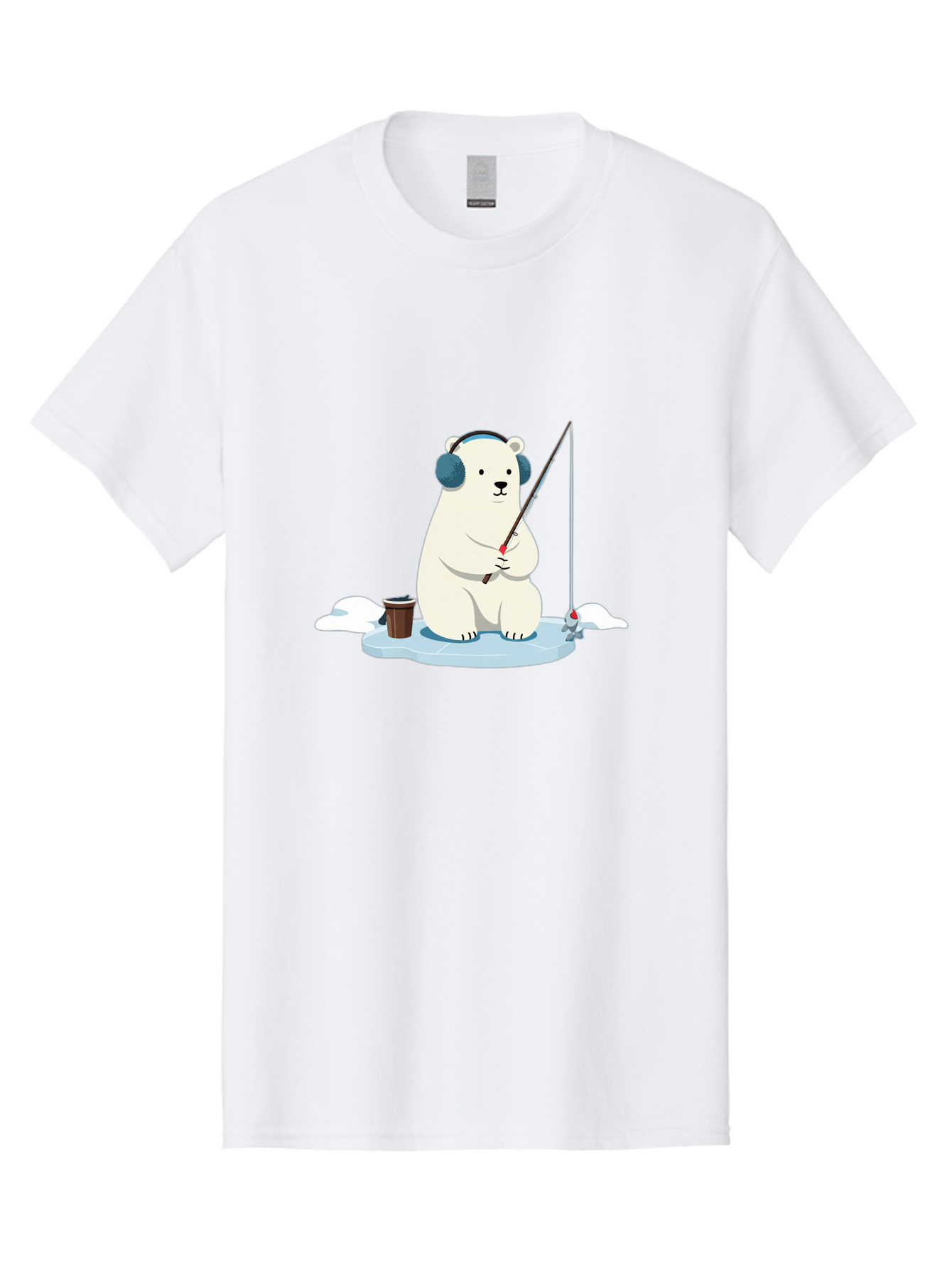 Polar-Bear-Fishing Men'S Graphic Tee, 100% Cotton, Comfortable Casual Summer Wear, Machine Washable, Polar Bear With Headphones, Fishing On Ice, Ice Floe, Fishing Rod, Cartoon Character, Winter Activity, Frozen Landscape, Fishing Bucket, Bae647