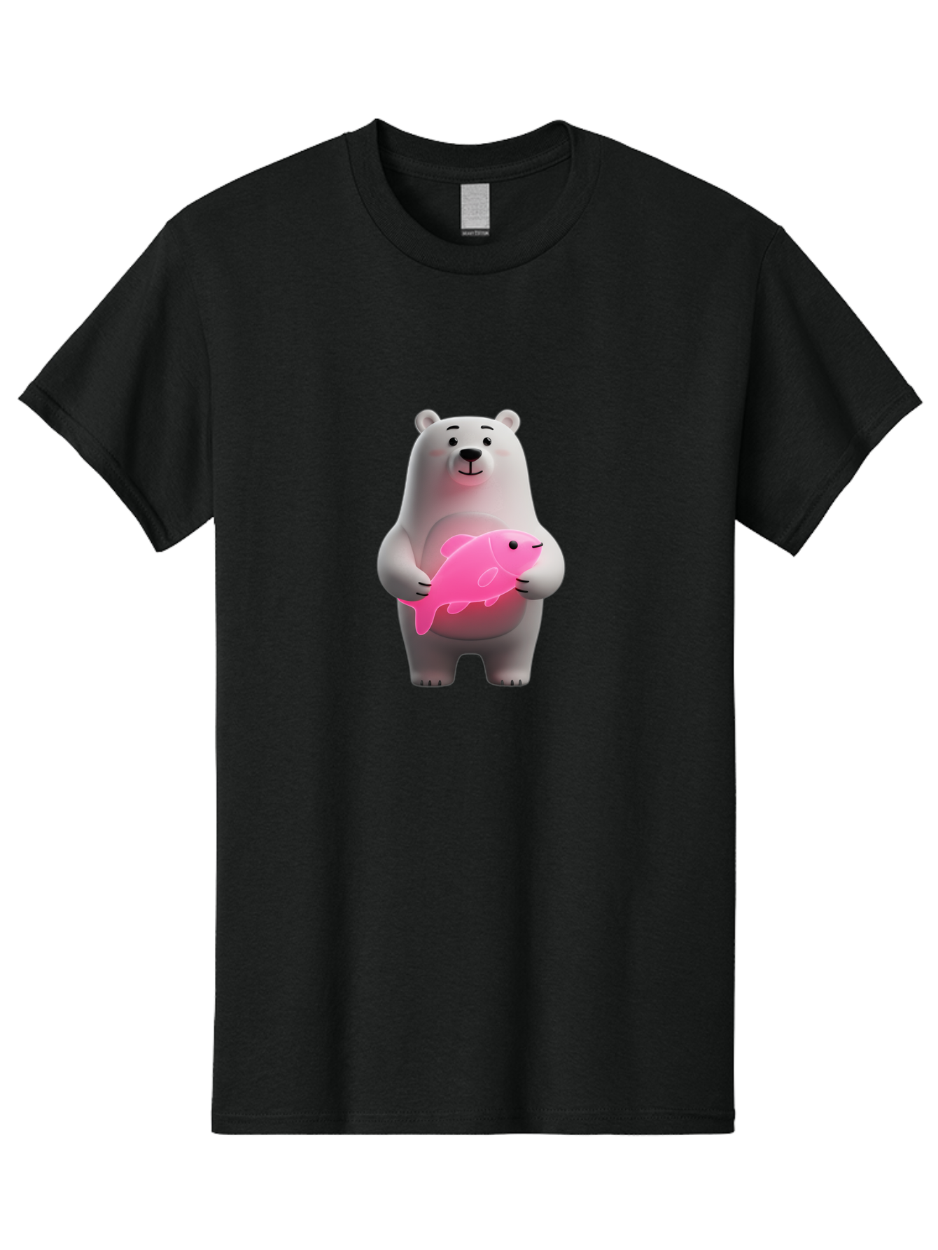 Polar-Bear-Holding-Fish-1 Men'S Graphic Tee, 100% Cotton, Comfortable Casual Summer Wear, Machine Washable, Cartoon Polar Bear, Cute Illustration, White Bear, Pink Fish, Adorable Scene, Kawaii Art, Digital Character, Smiling Bear, Holding Fish Bae648