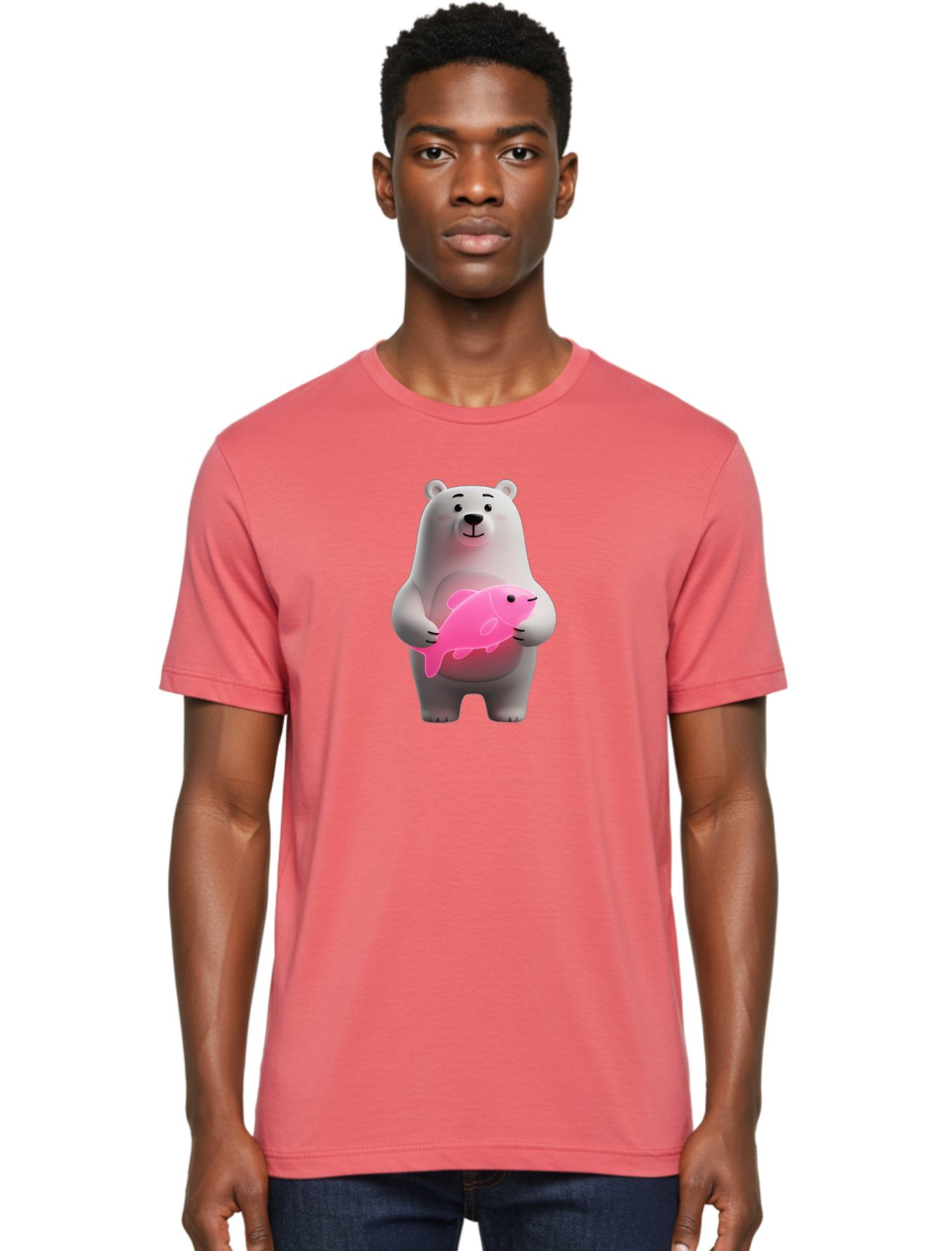Polar-Bear-Holding-Fish-1 Men'S Graphic Tee, 100% Cotton, Comfortable Casual Summer Wear, Machine Washable, Cartoon Polar Bear, Cute Illustration, White Bear, Pink Fish, Adorable Scene, Kawaii Art, Digital Character, Smiling Bear, Holding Fish Bae648