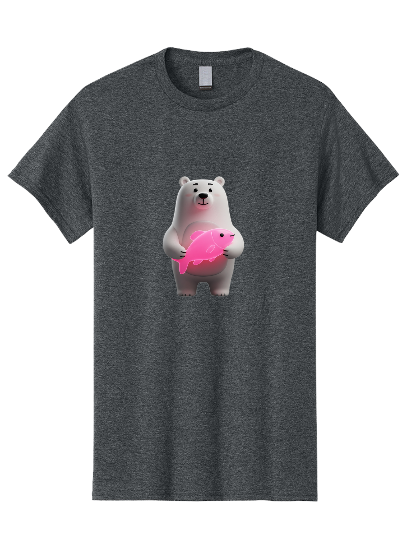 Polar-Bear-Holding-Fish-1 Men'S Graphic Tee, 100% Cotton, Comfortable Casual Summer Wear, Machine Washable, Cartoon Polar Bear, Cute Illustration, White Bear, Pink Fish, Adorable Scene, Kawaii Art, Digital Character, Smiling Bear, Holding Fish Bae648