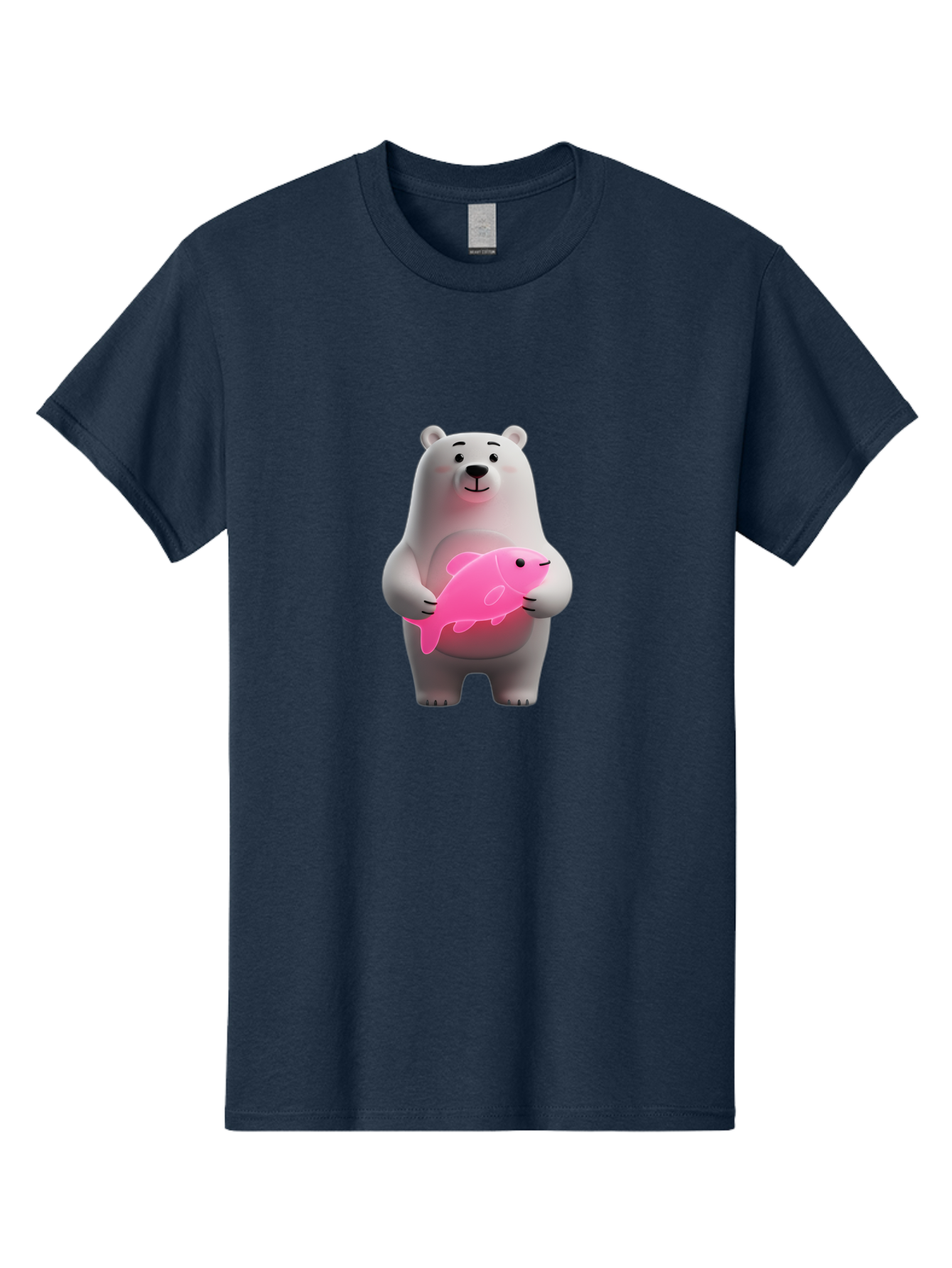 Polar-Bear-Holding-Fish-1 Men'S Graphic Tee, 100% Cotton, Comfortable Casual Summer Wear, Machine Washable, Cartoon Polar Bear, Cute Illustration, White Bear, Pink Fish, Adorable Scene, Kawaii Art, Digital Character, Smiling Bear, Holding Fish Bae648