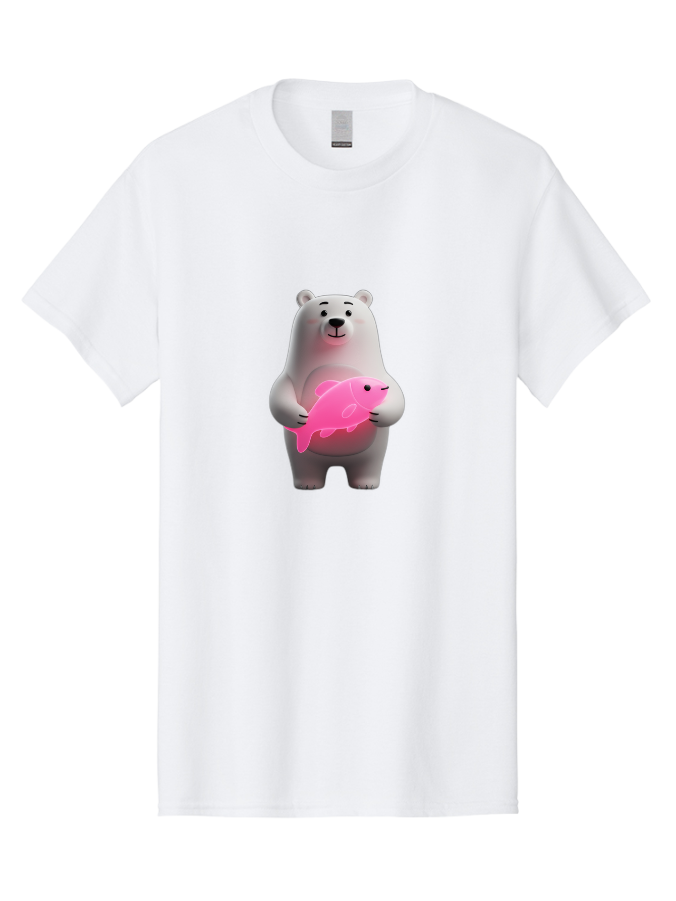 Polar-Bear-Holding-Fish-1 Men'S Graphic Tee, 100% Cotton, Comfortable Casual Summer Wear, Machine Washable, Cartoon Polar Bear, Cute Illustration, White Bear, Pink Fish, Adorable Scene, Kawaii Art, Digital Character, Smiling Bear, Holding Fish Bae648