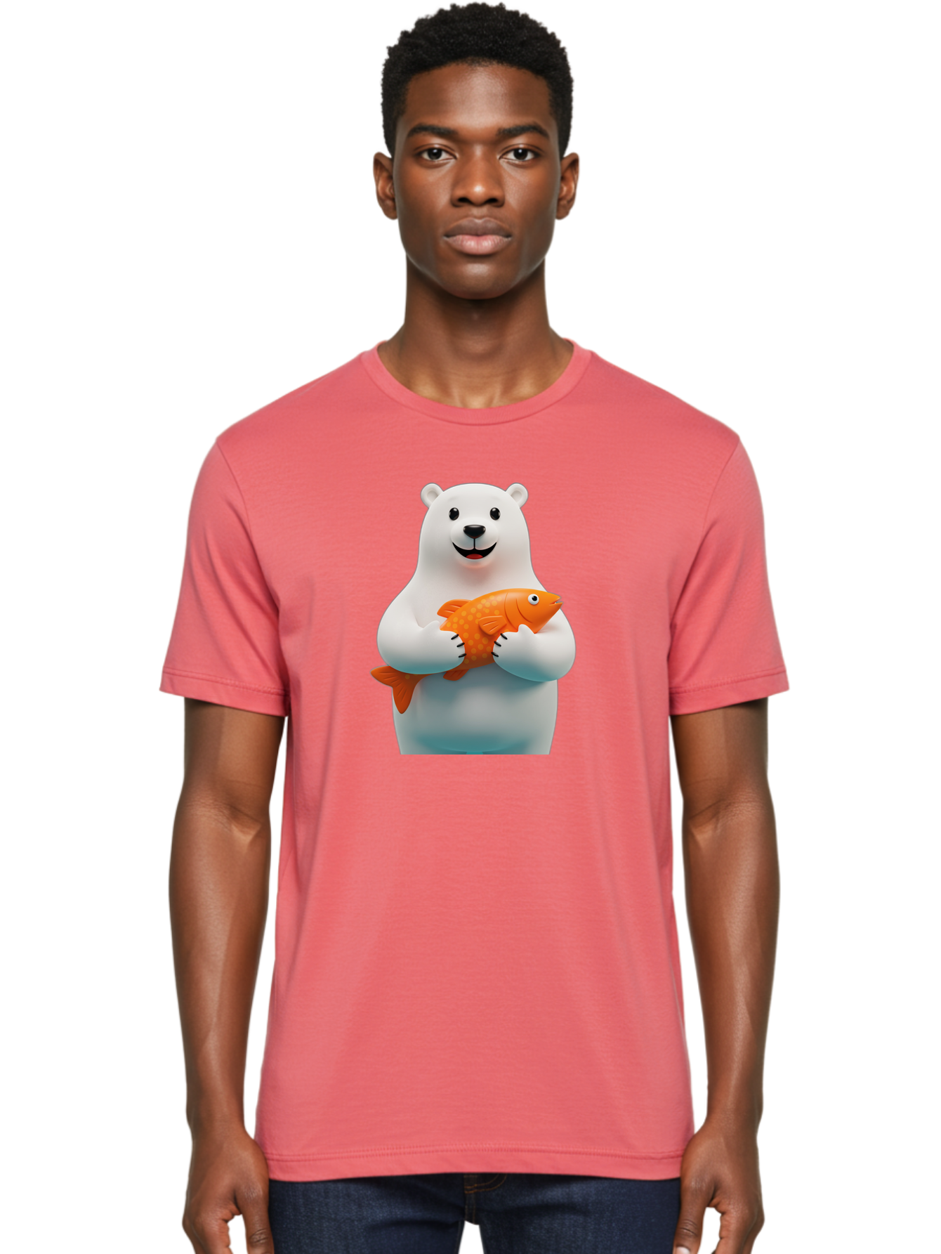 Polar-Bear-Holding-Fish Men'S Graphic Tee, 100% Cotton, Comfortable Casual Summer Wear, Machine Washable, White Polar Bear, Orange Fish, Cartoon Character, Smiling Bear, Holding A Fish, Kawaii Animal, 3D Illustration, Cute Bear, Bae649