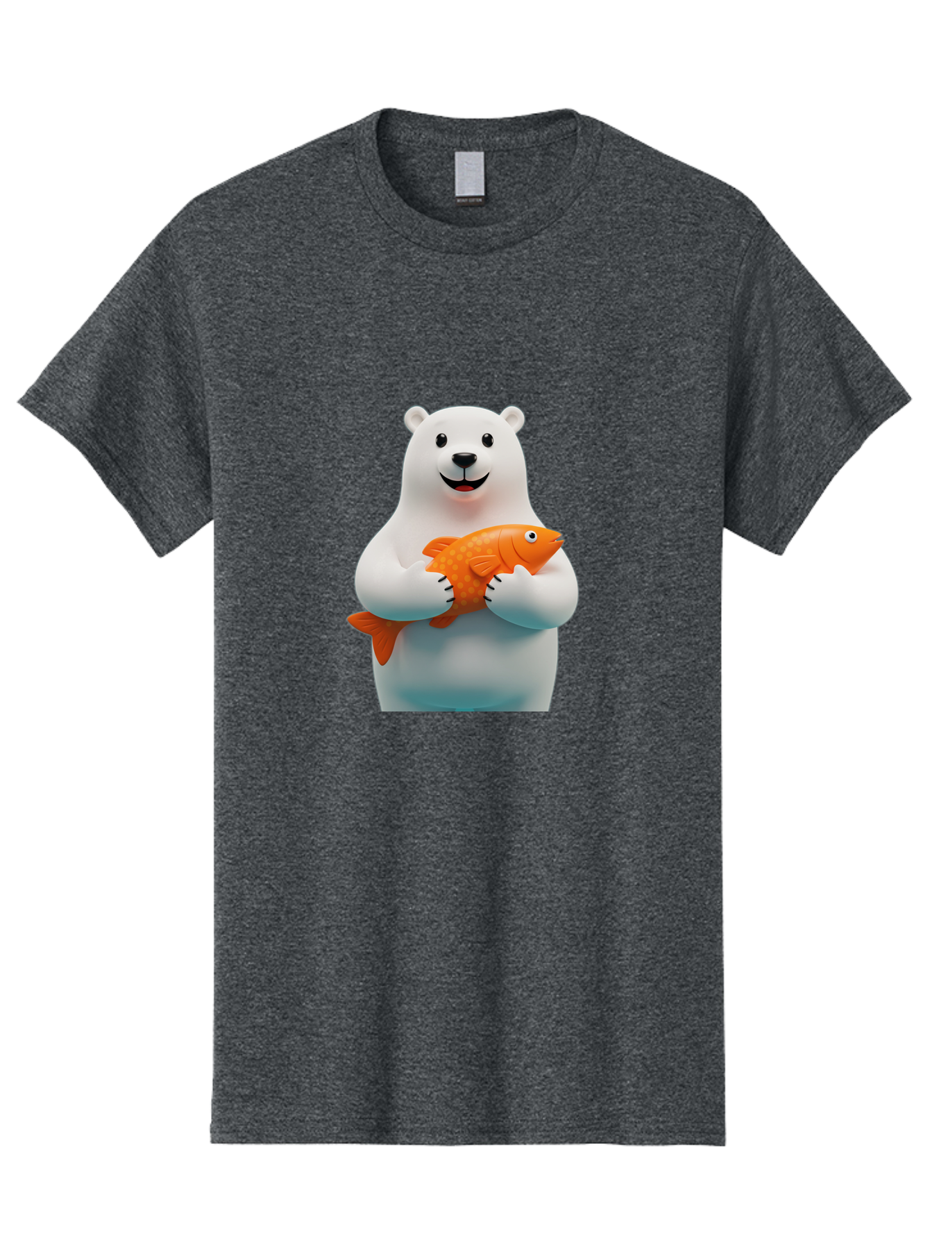 Polar-Bear-Holding-Fish Men'S Graphic Tee, 100% Cotton, Comfortable Casual Summer Wear, Machine Washable, White Polar Bear, Orange Fish, Cartoon Character, Smiling Bear, Holding A Fish, Kawaii Animal, 3D Illustration, Cute Bear, Bae649