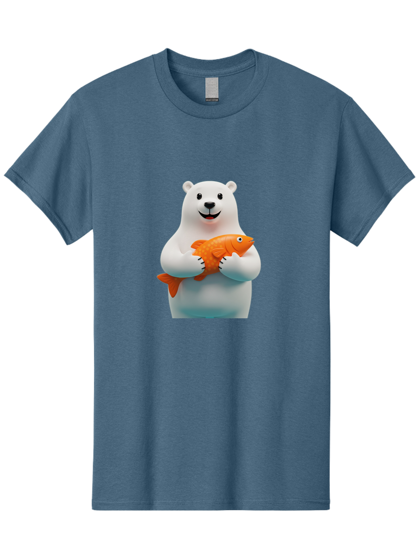 Polar-Bear-Holding-Fish Men'S Graphic Tee, 100% Cotton, Comfortable Casual Summer Wear, Machine Washable, White Polar Bear, Orange Fish, Cartoon Character, Smiling Bear, Holding A Fish, Kawaii Animal, 3D Illustration, Cute Bear, Bae649