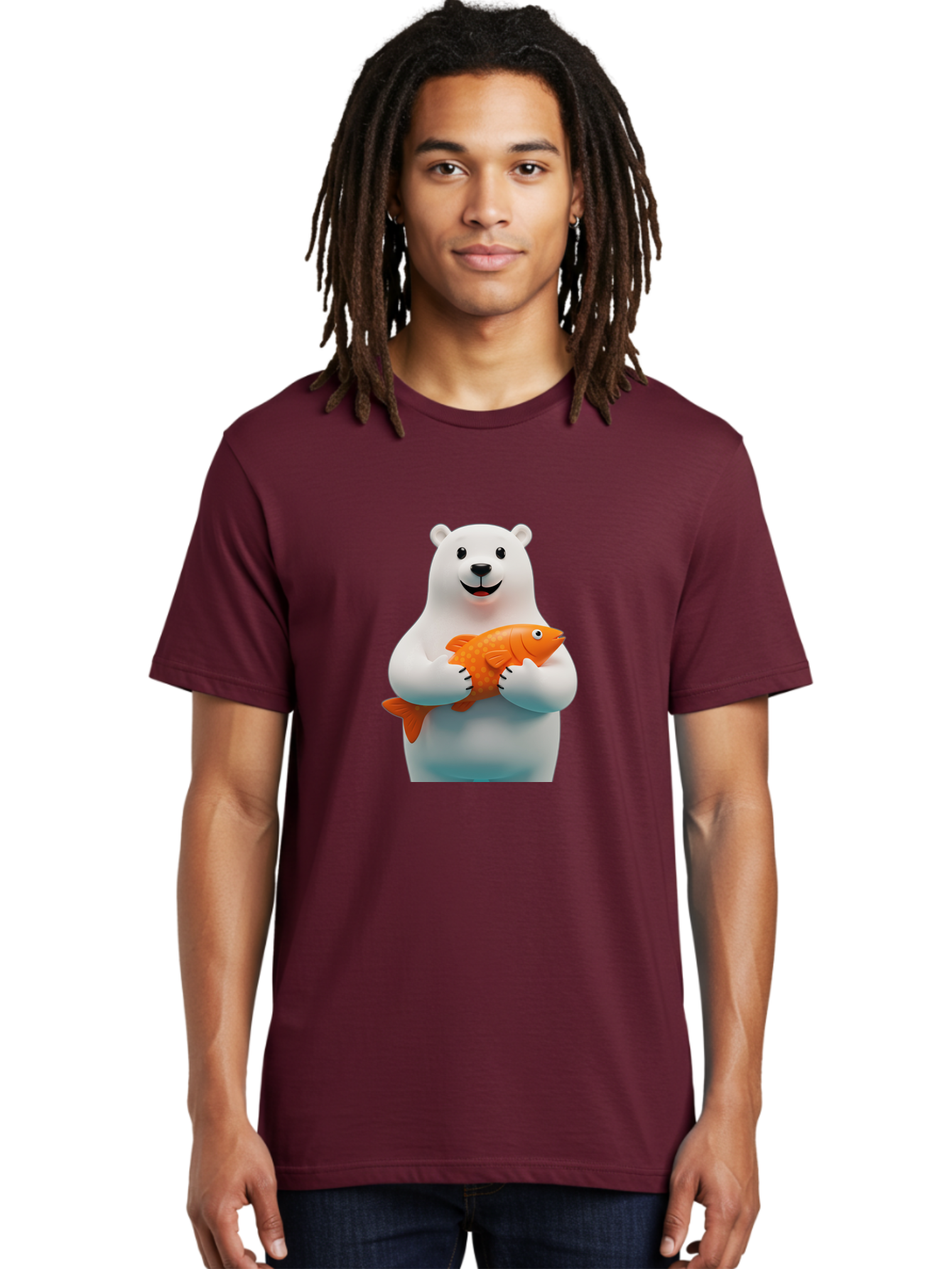 Polar-Bear-Holding-Fish Men'S Graphic Tee, 100% Cotton, Comfortable Casual Summer Wear, Machine Washable, White Polar Bear, Orange Fish, Cartoon Character, Smiling Bear, Holding A Fish, Kawaii Animal, 3D Illustration, Cute Bear, Bae649
