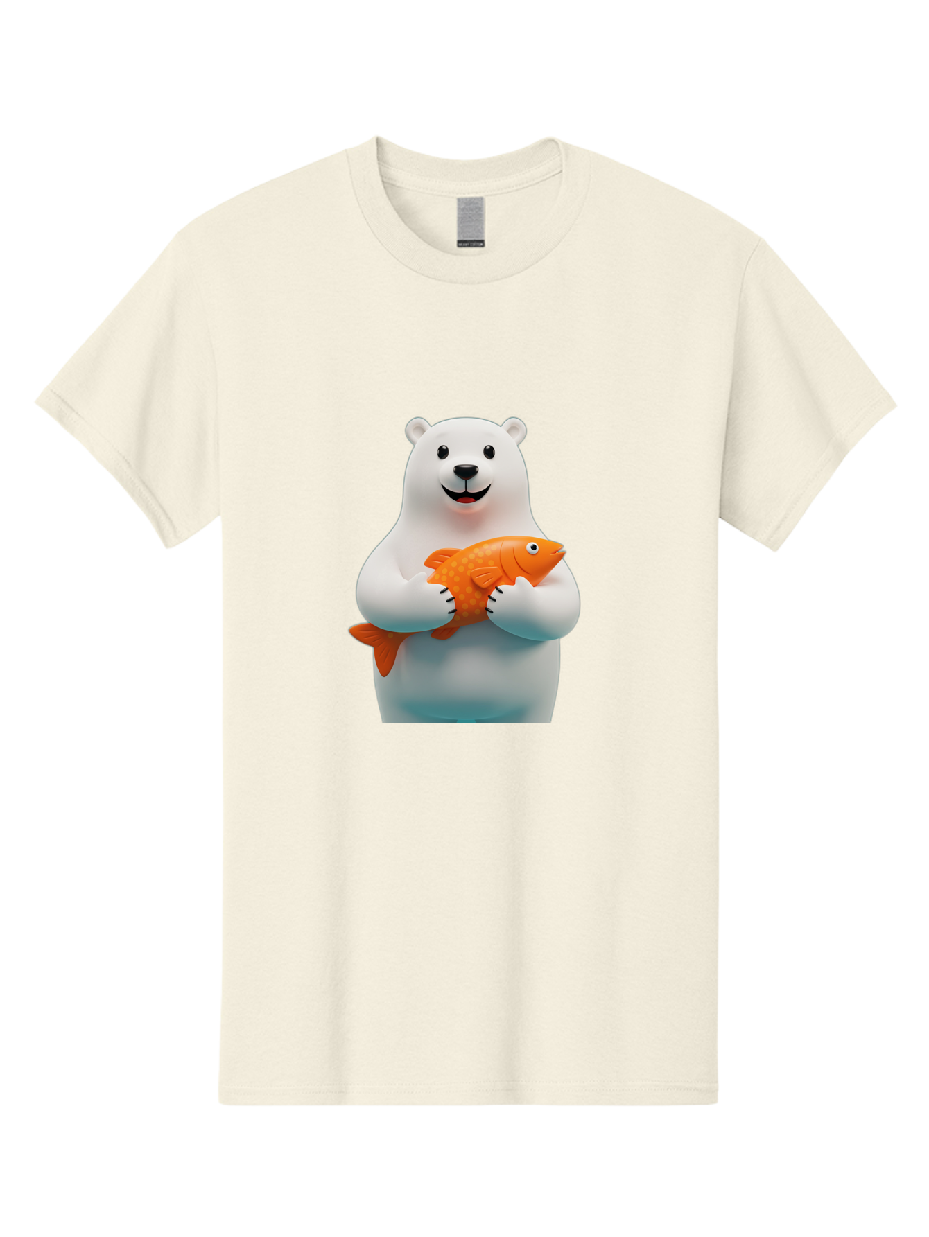 Polar-Bear-Holding-Fish Men'S Graphic Tee, 100% Cotton, Comfortable Casual Summer Wear, Machine Washable, White Polar Bear, Orange Fish, Cartoon Character, Smiling Bear, Holding A Fish, Kawaii Animal, 3D Illustration, Cute Bear, Bae649