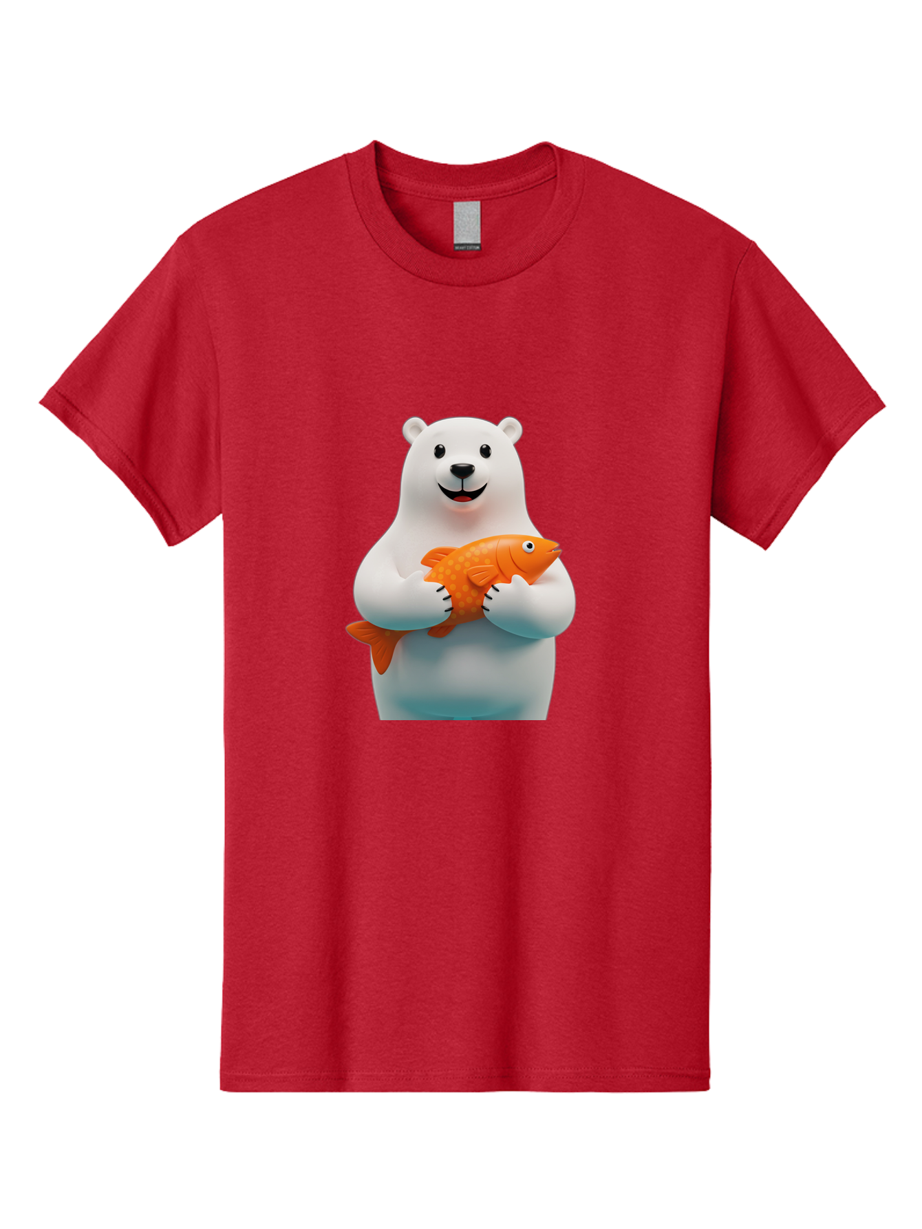 Polar-Bear-Holding-Fish Men'S Graphic Tee, 100% Cotton, Comfortable Casual Summer Wear, Machine Washable, White Polar Bear, Orange Fish, Cartoon Character, Smiling Bear, Holding A Fish, Kawaii Animal, 3D Illustration, Cute Bear, Bae649