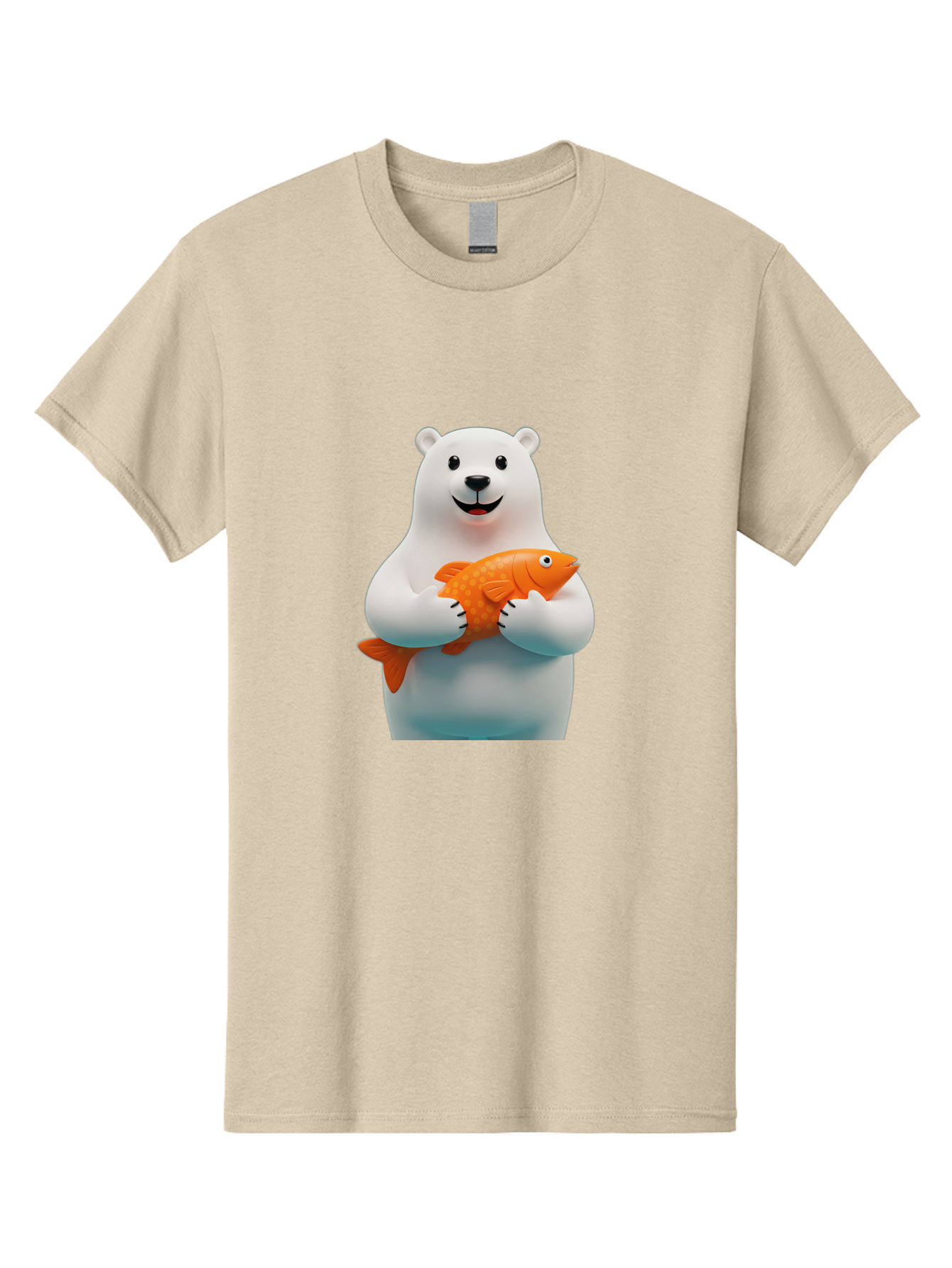 Polar-Bear-Holding-Fish Men'S Graphic Tee, 100% Cotton, Comfortable Casual Summer Wear, Machine Washable, White Polar Bear, Orange Fish, Cartoon Character, Smiling Bear, Holding A Fish, Kawaii Animal, 3D Illustration, Cute Bear, Bae649