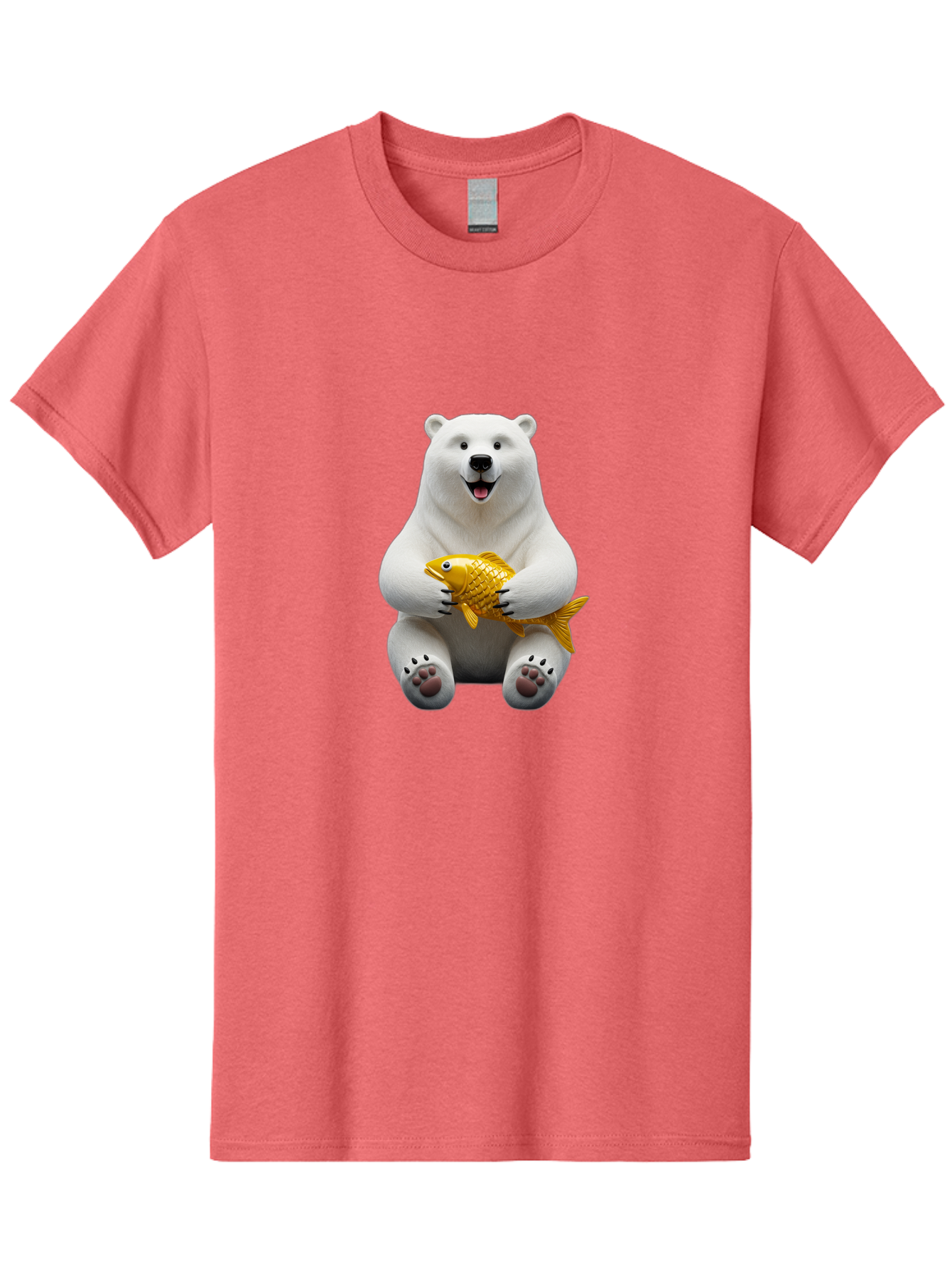 Polar-Bear-Holding-Goldfish Men'S Graphic Tee, 100% Cotton, Comfortable Casual Summer Wear, Machine Washable, Polar Bear Holding Golden Fish, Cute Bear, Happy Animal, Wildlife Scene, Cartoon Character, Playful Creature, 3D Illustration, Bae650