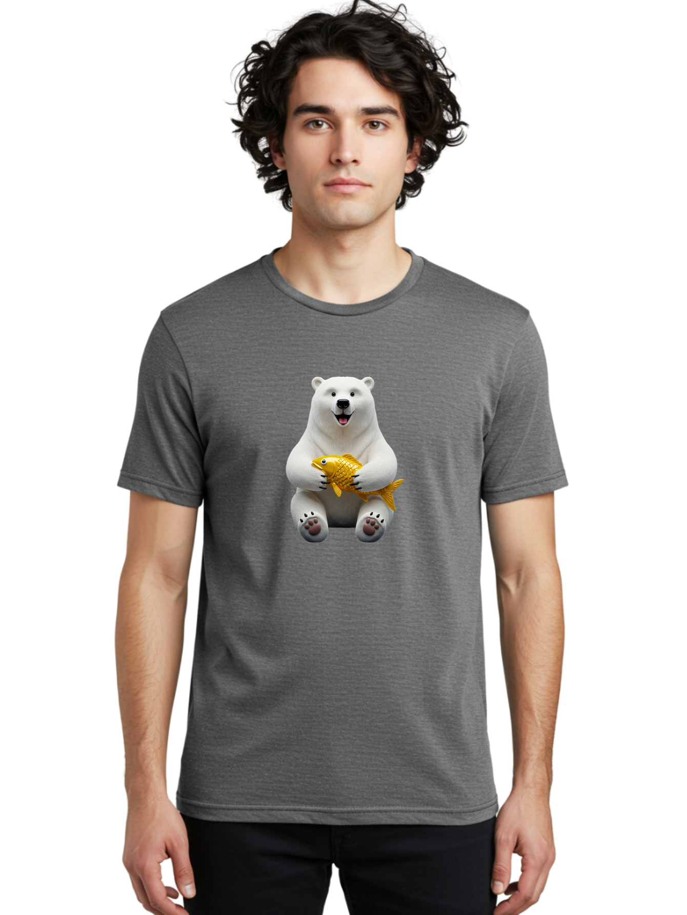 Polar-Bear-Holding-Goldfish Men'S Graphic Tee, 100% Cotton, Comfortable Casual Summer Wear, Machine Washable, Polar Bear Holding Golden Fish, Cute Bear, Happy Animal, Wildlife Scene, Cartoon Character, Playful Creature, 3D Illustration, Bae650