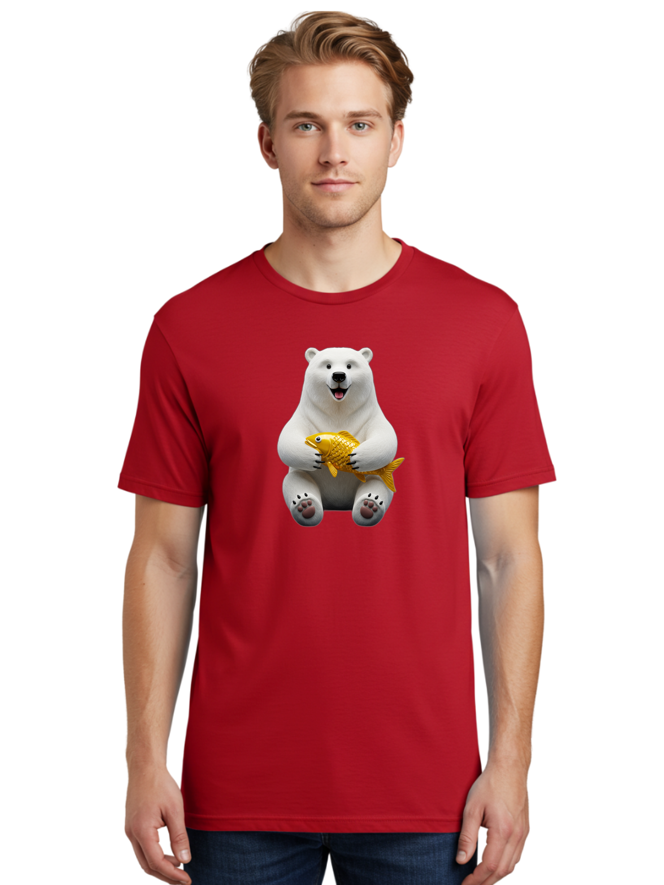 Polar-Bear-Holding-Goldfish Men'S Graphic Tee, 100% Cotton, Comfortable Casual Summer Wear, Machine Washable, Polar Bear Holding Golden Fish, Cute Bear, Happy Animal, Wildlife Scene, Cartoon Character, Playful Creature, 3D Illustration, Bae650