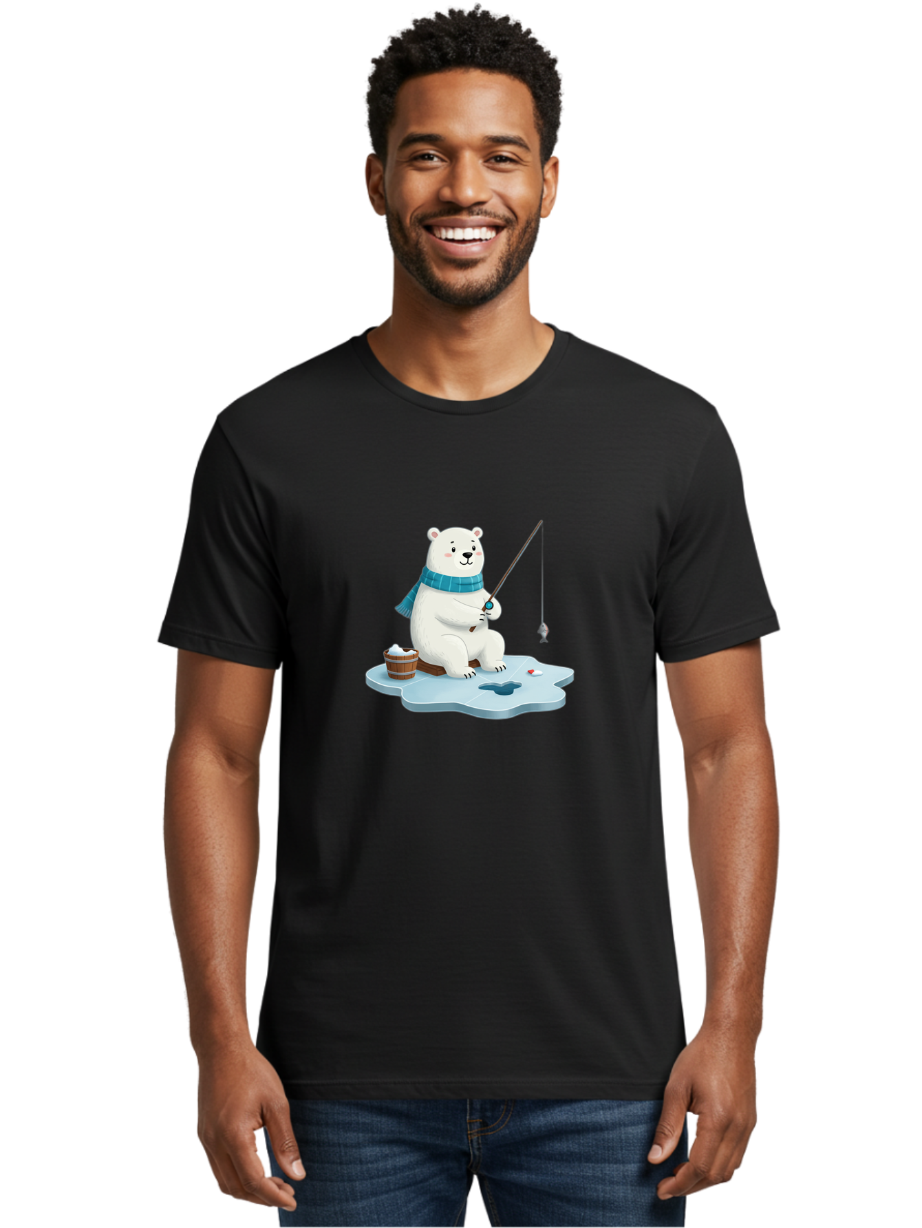 Polar-Bear-Ice-Fishing Men'S Graphic Tee, 100% Cotton, Comfortable Casual Summer Wear, Machine Washable, Polar Bear Ice Fishing, Cartoon Polar Bear, Fishing Rod, Winter Activity, Arctic Scene, Ice Hole, Fishing Bucket, Winter Fun, Bae651
