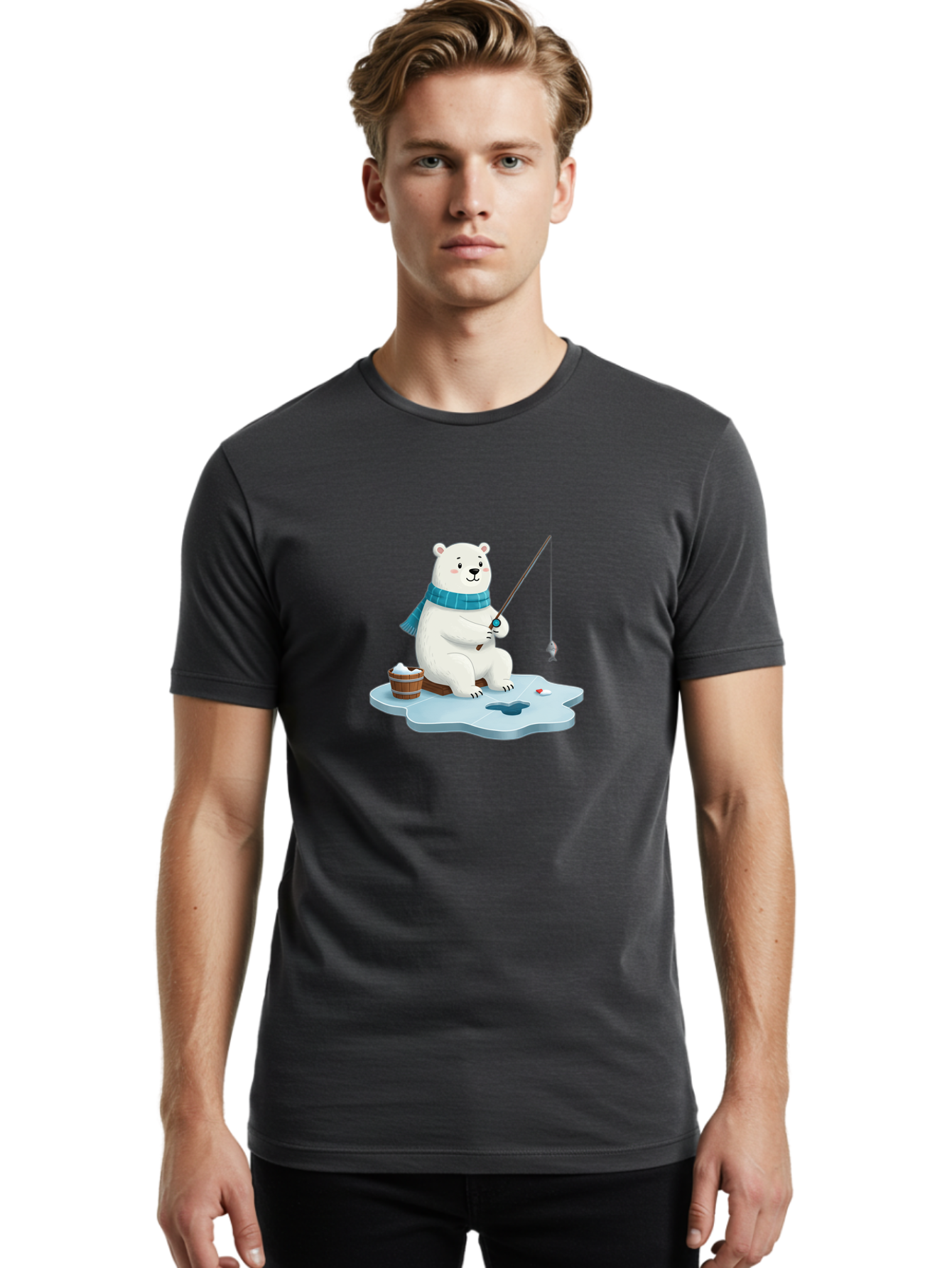 Polar-Bear-Ice-Fishing Men'S Graphic Tee, 100% Cotton, Comfortable Casual Summer Wear, Machine Washable, Polar Bear Ice Fishing, Cartoon Polar Bear, Fishing Rod, Winter Activity, Arctic Scene, Ice Hole, Fishing Bucket, Winter Fun, Bae651