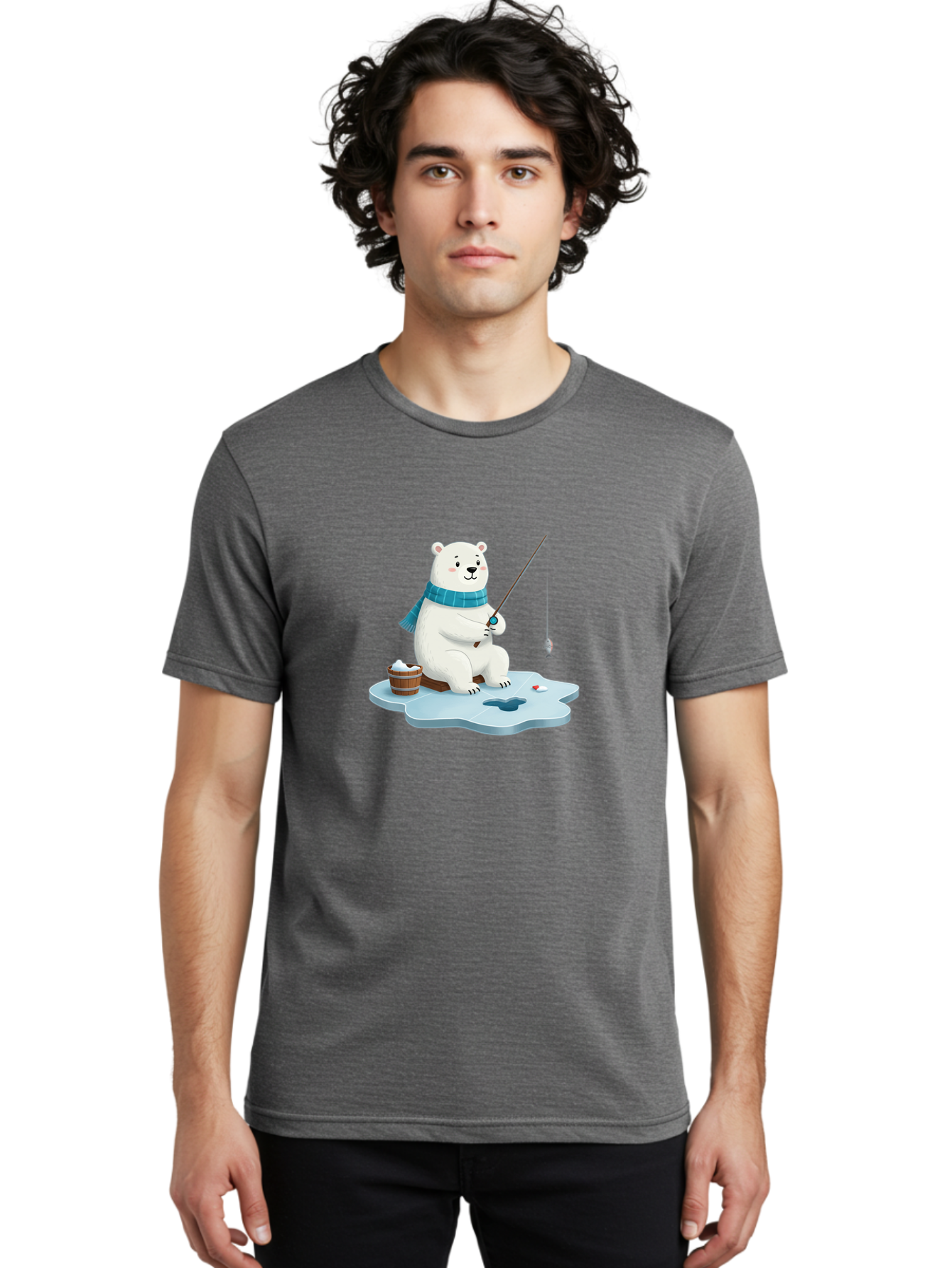Polar-Bear-Ice-Fishing Men'S Graphic Tee, 100% Cotton, Comfortable Casual Summer Wear, Machine Washable, Polar Bear Ice Fishing, Cartoon Polar Bear, Fishing Rod, Winter Activity, Arctic Scene, Ice Hole, Fishing Bucket, Winter Fun, Bae651
