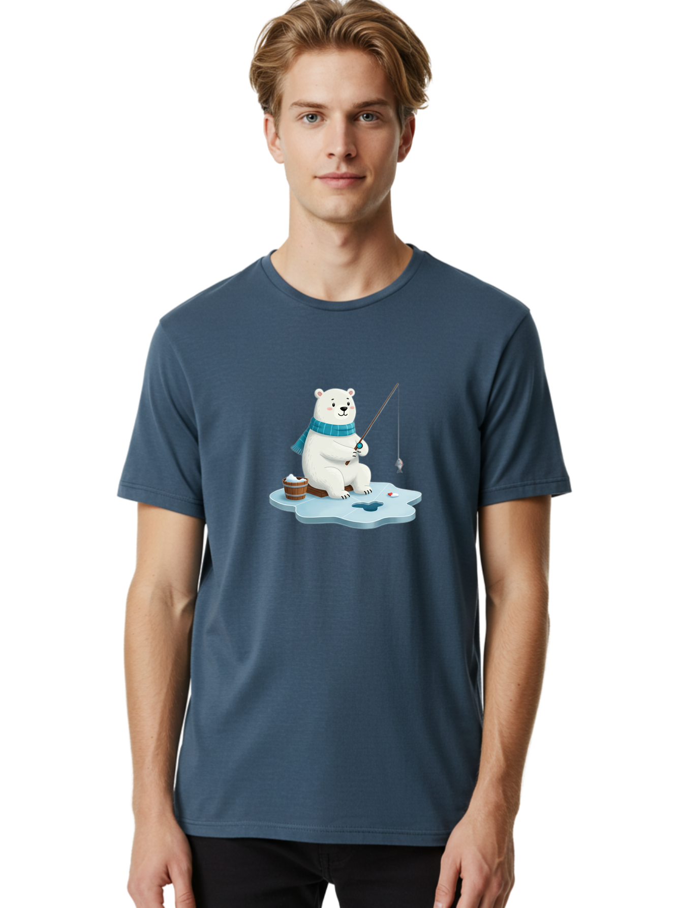 Polar-Bear-Ice-Fishing Men'S Graphic Tee, 100% Cotton, Comfortable Casual Summer Wear, Machine Washable, Polar Bear Ice Fishing, Cartoon Polar Bear, Fishing Rod, Winter Activity, Arctic Scene, Ice Hole, Fishing Bucket, Winter Fun, Bae651