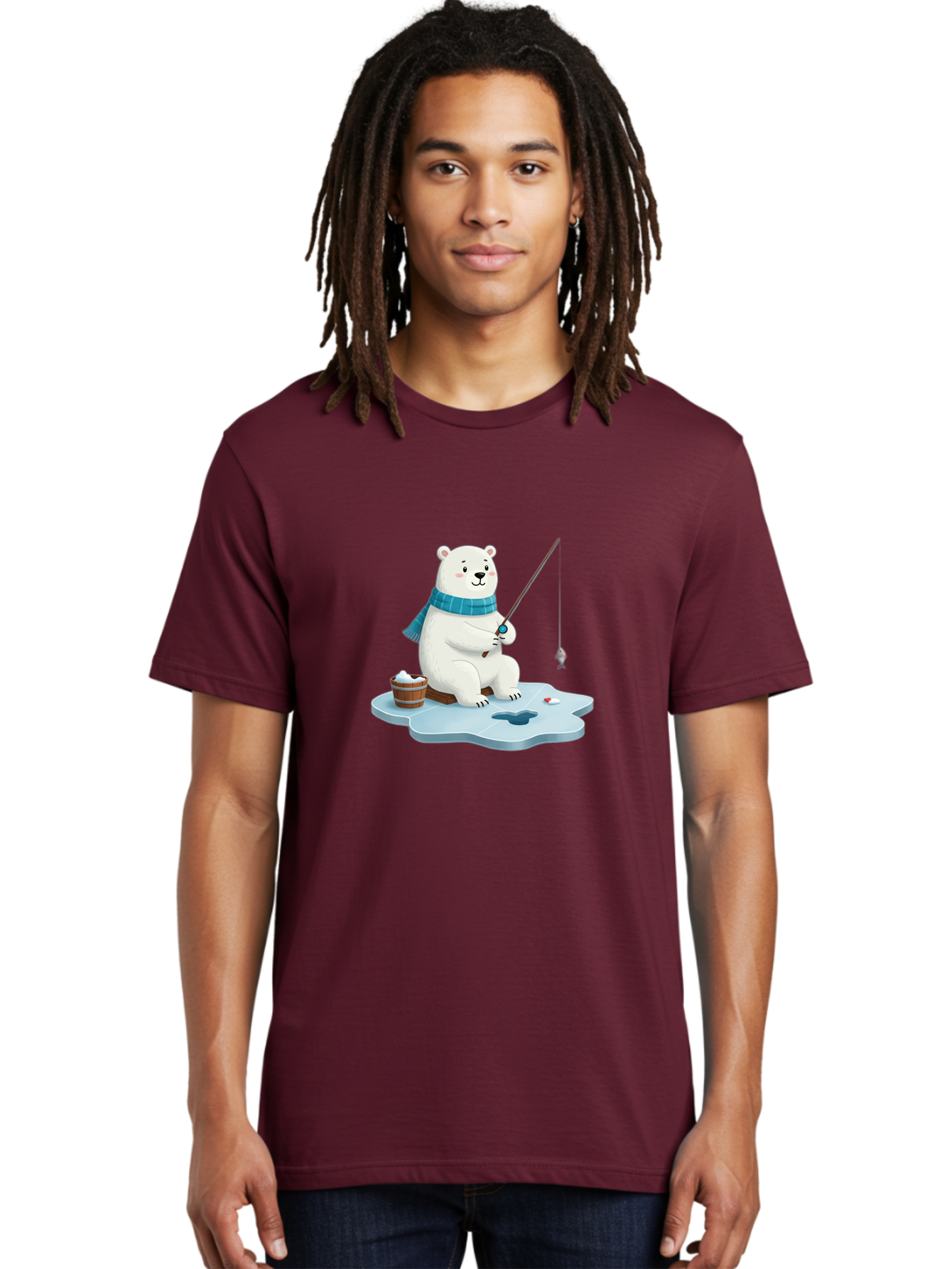 Polar-Bear-Ice-Fishing Men'S Graphic Tee, 100% Cotton, Comfortable Casual Summer Wear, Machine Washable, Polar Bear Ice Fishing, Cartoon Polar Bear, Fishing Rod, Winter Activity, Arctic Scene, Ice Hole, Fishing Bucket, Winter Fun, Bae651