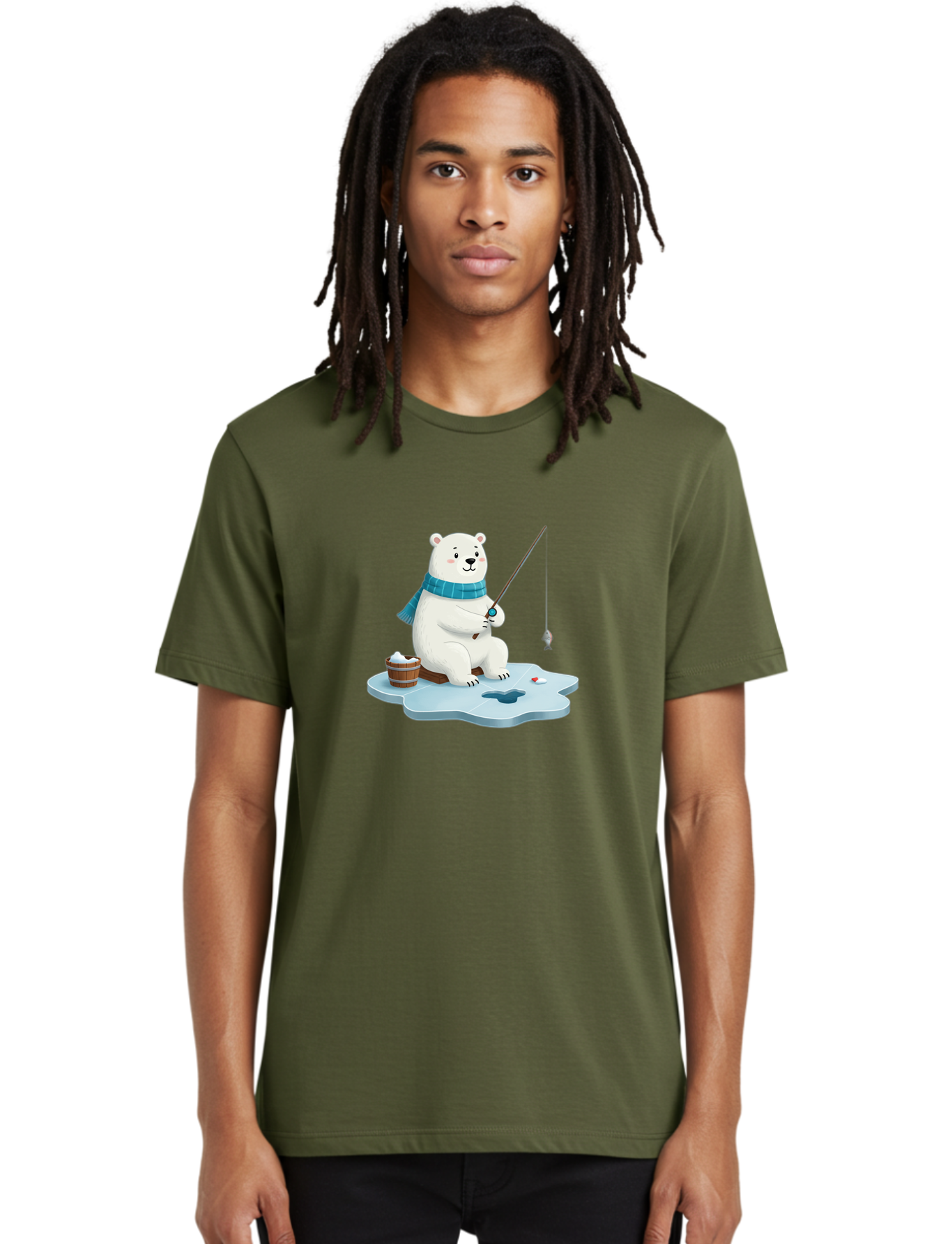 Polar-Bear-Ice-Fishing Men'S Graphic Tee, 100% Cotton, Comfortable Casual Summer Wear, Machine Washable, Polar Bear Ice Fishing, Cartoon Polar Bear, Fishing Rod, Winter Activity, Arctic Scene, Ice Hole, Fishing Bucket, Winter Fun, Bae651