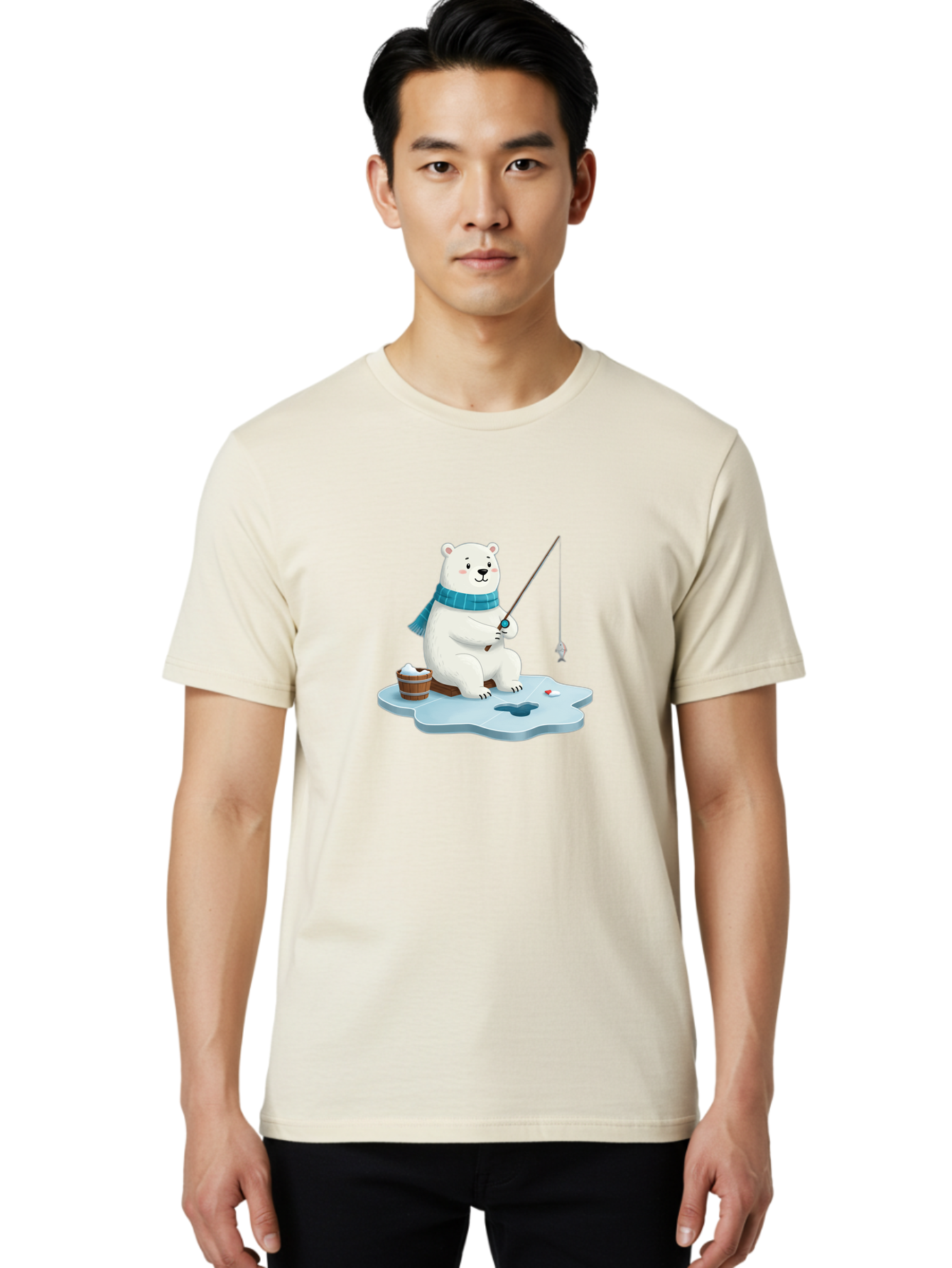 Polar-Bear-Ice-Fishing Men'S Graphic Tee, 100% Cotton, Comfortable Casual Summer Wear, Machine Washable, Polar Bear Ice Fishing, Cartoon Polar Bear, Fishing Rod, Winter Activity, Arctic Scene, Ice Hole, Fishing Bucket, Winter Fun, Bae651
