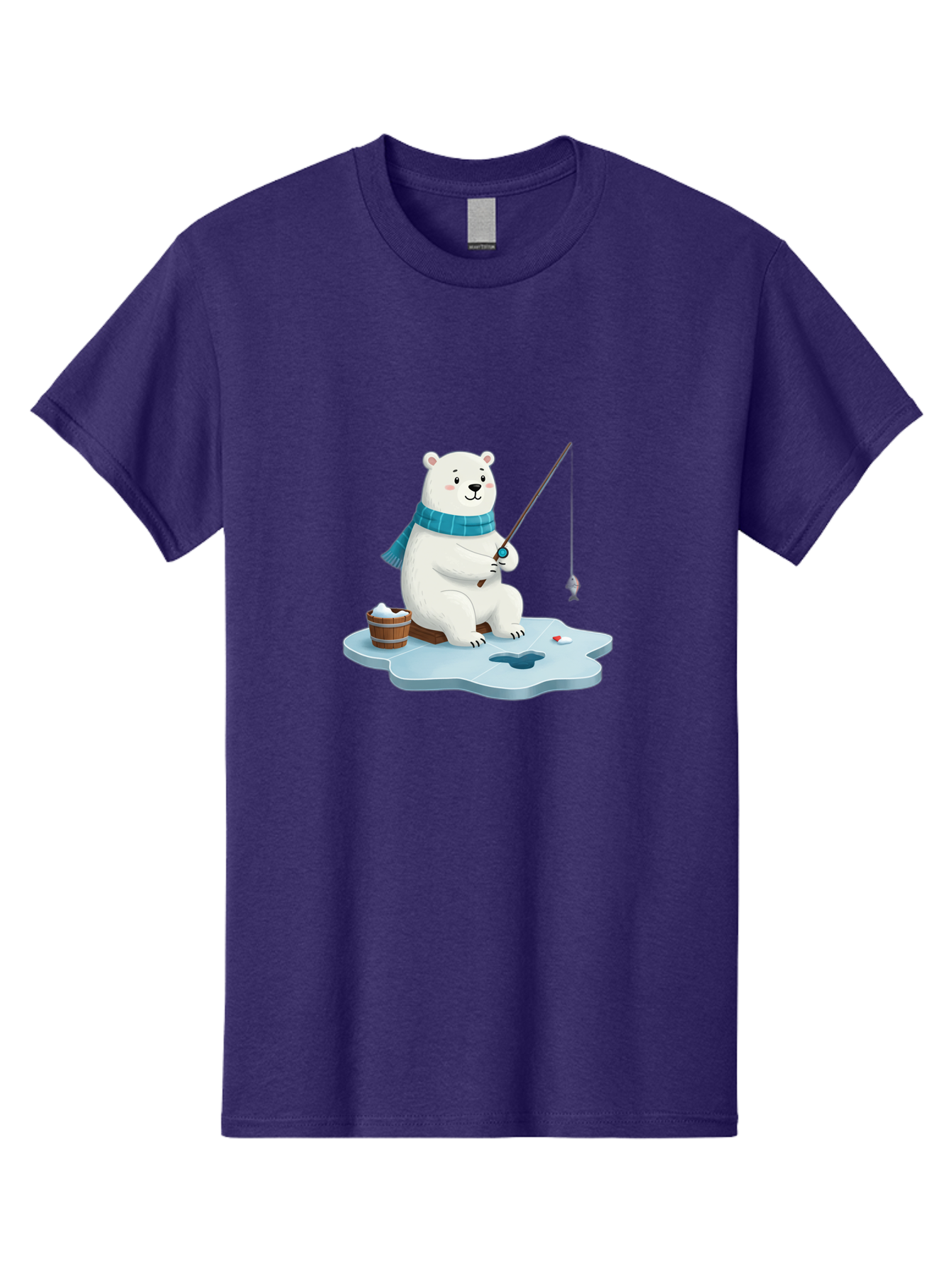Polar-Bear-Ice-Fishing Men'S Graphic Tee, 100% Cotton, Comfortable Casual Summer Wear, Machine Washable, Polar Bear Ice Fishing, Cartoon Polar Bear, Fishing Rod, Winter Activity, Arctic Scene, Ice Hole, Fishing Bucket, Winter Fun, Bae651