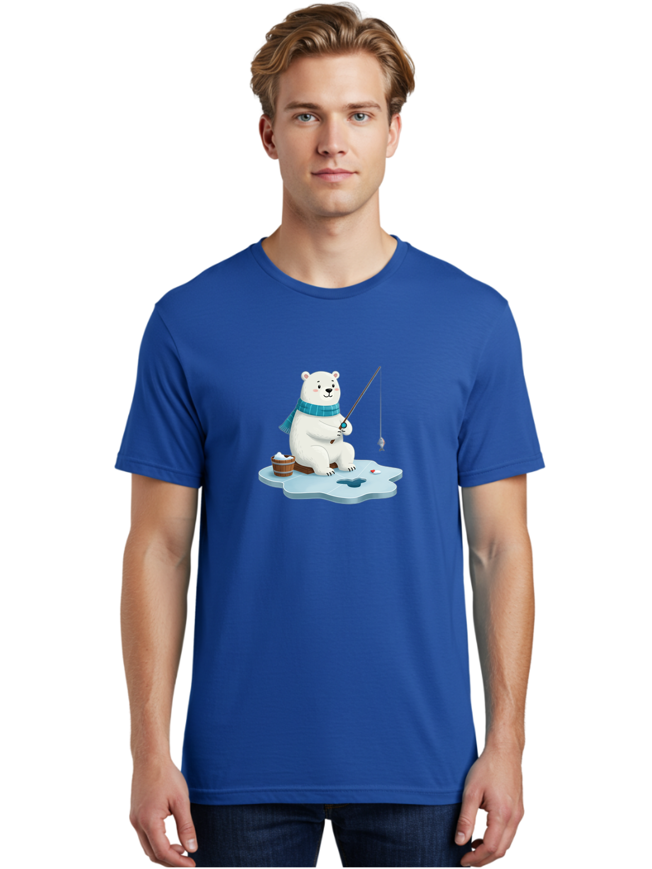 Polar-Bear-Ice-Fishing Men'S Graphic Tee, 100% Cotton, Comfortable Casual Summer Wear, Machine Washable, Polar Bear Ice Fishing, Cartoon Polar Bear, Fishing Rod, Winter Activity, Arctic Scene, Ice Hole, Fishing Bucket, Winter Fun, Bae651